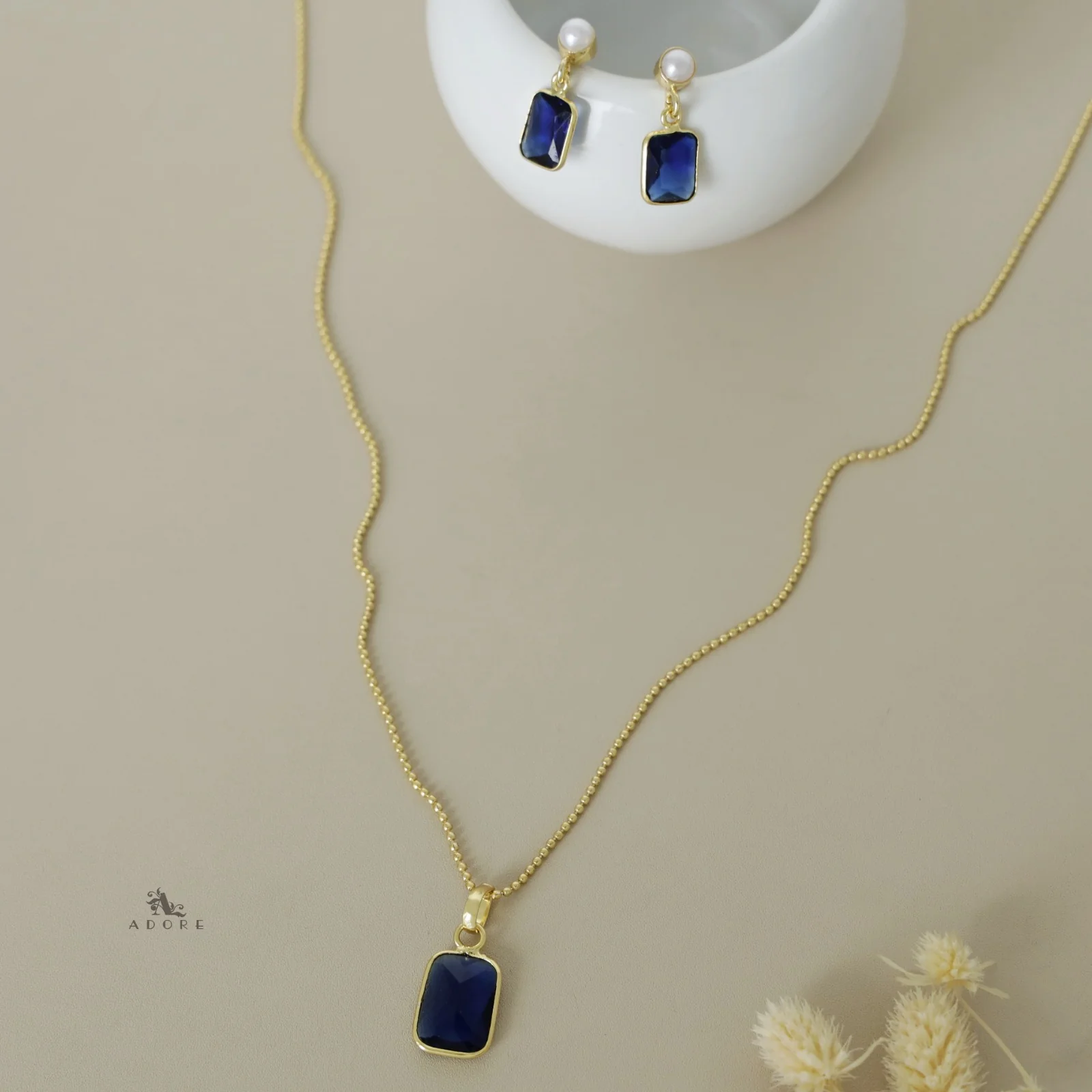 Glossy Rectangle Ball Chain Neckpiece with Pearl Earring - Image 16