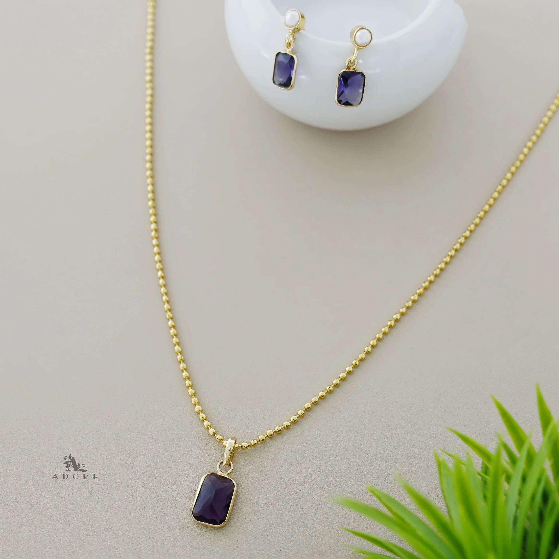 Glossy Rectangle Ball Chain Neckpiece with Pearl Earring - Image 2