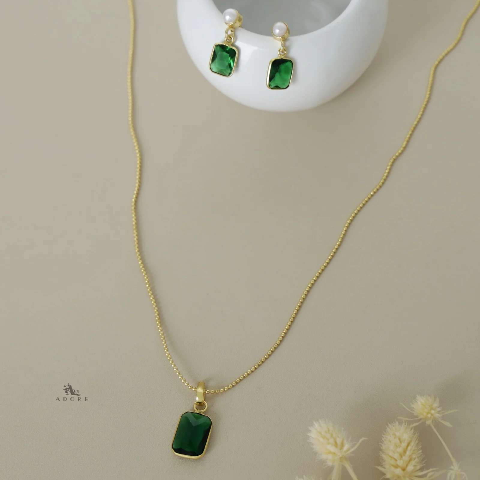 Glossy Rectangle Ball Chain Neckpiece with Pearl Earring - Image 8