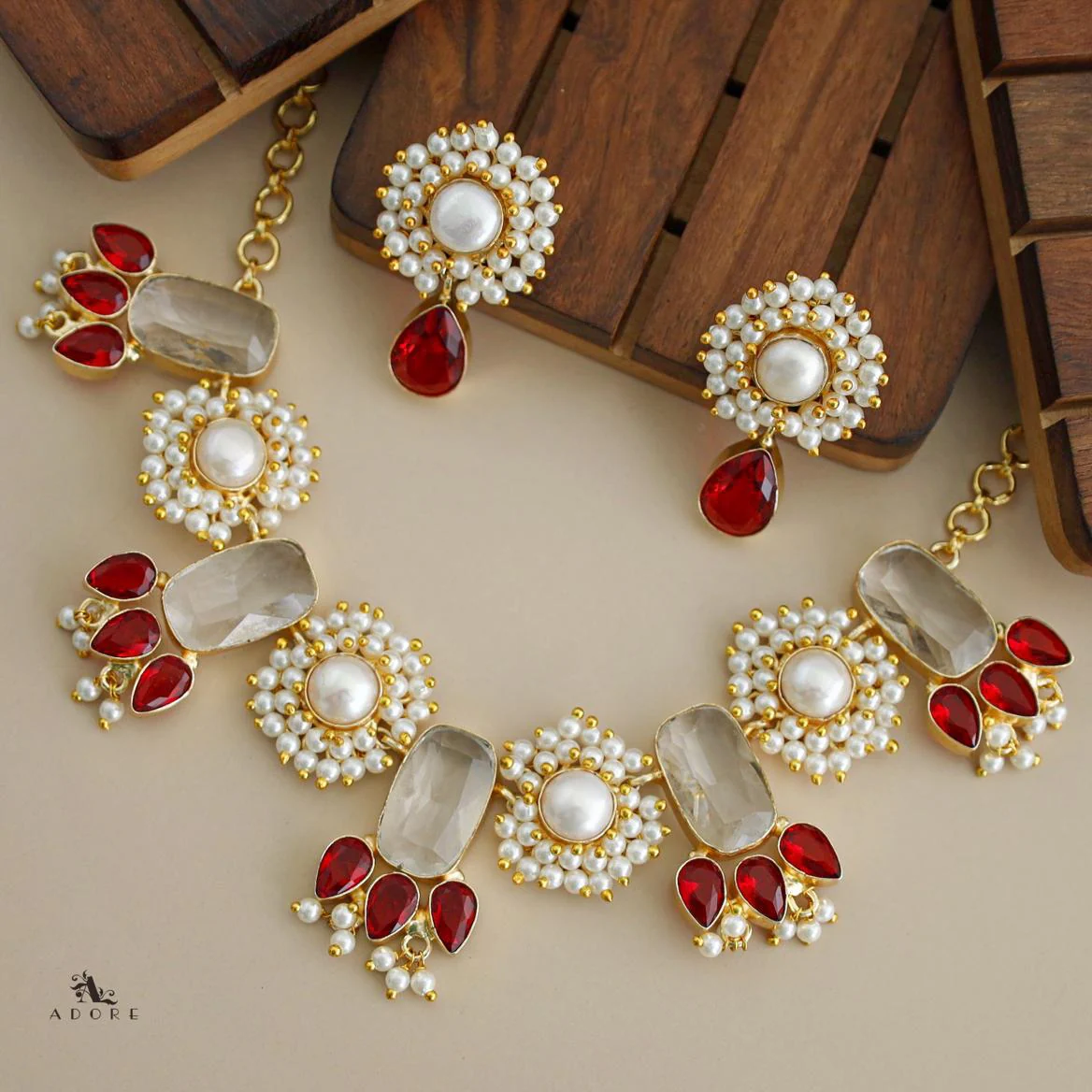 Glossy Rectangle + Cluster Pearl Baroque Neckpiece with Earring - Image 10