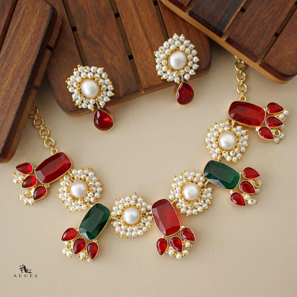 Glossy Rectangle + Cluster Pearl Baroque Neckpiece with Earring - Image 8