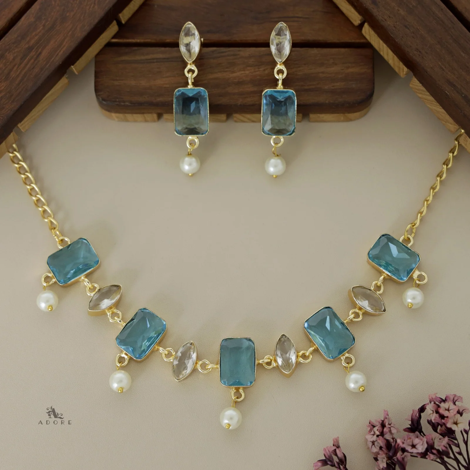 Glossy Square Ellipse Pearl Neckpiece with Earring - Image 2