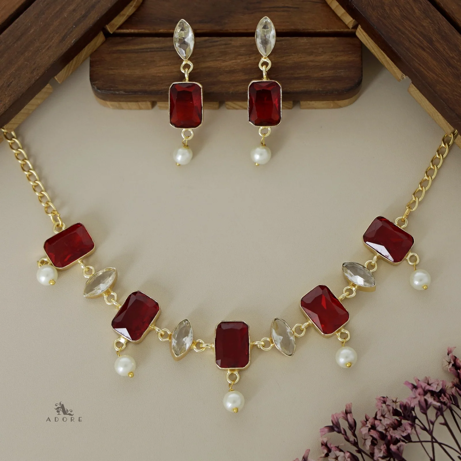 Glossy Square Ellipse Pearl Neckpiece with Earring - Image 6