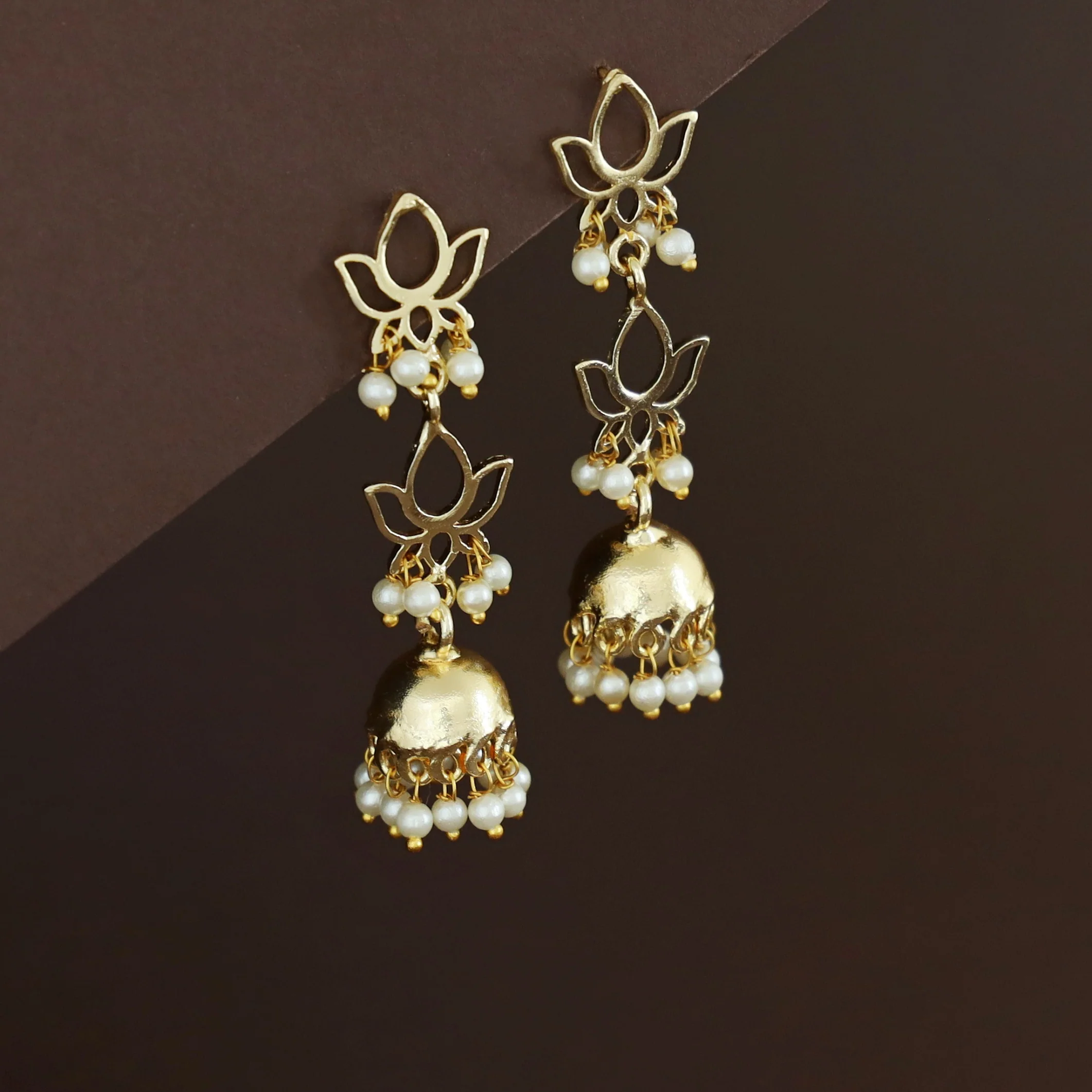 Golden 2 Layer Lotus Pearl Jhumka - Image 2