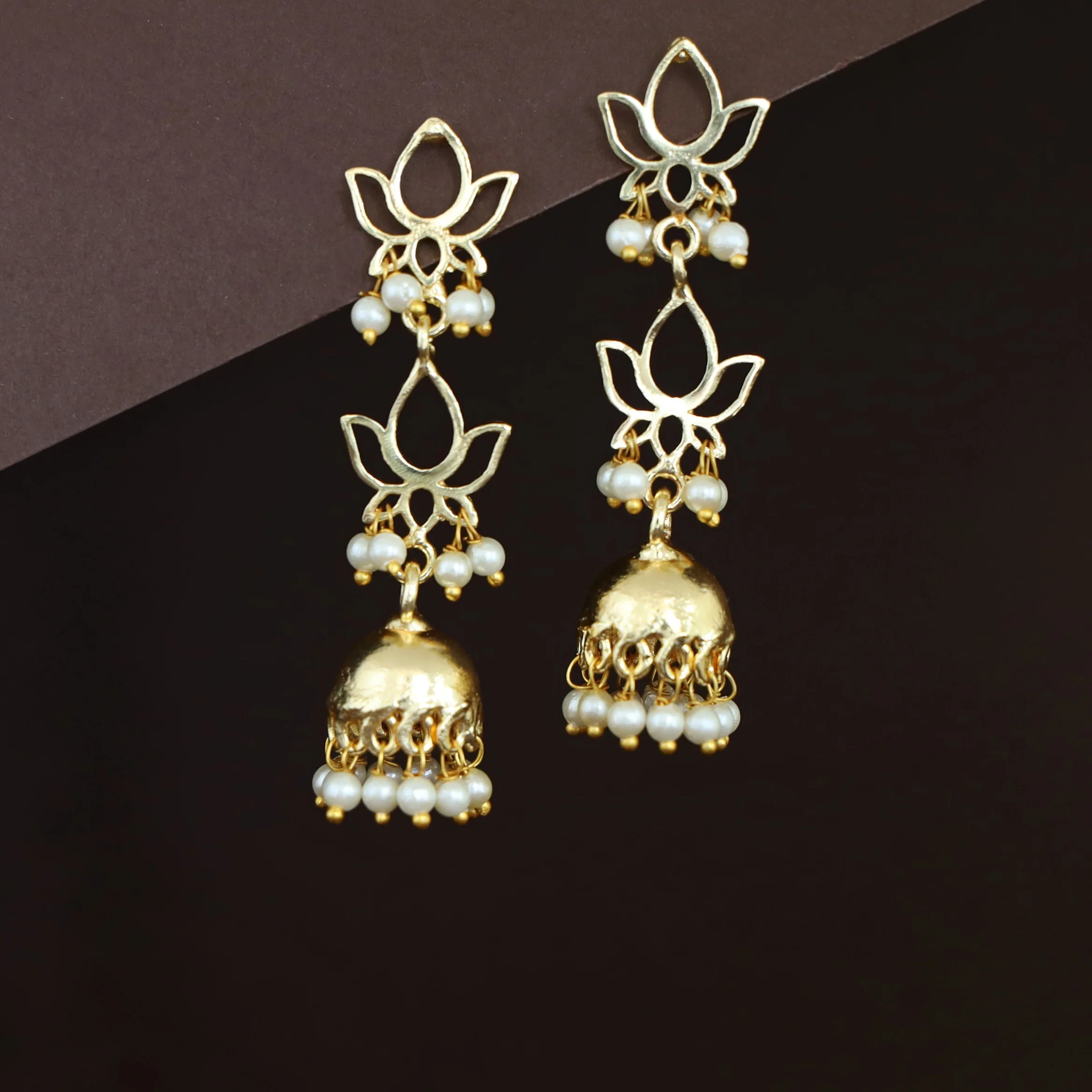 Golden 2 Layer Lotus Pearl Jhumka - Image 3