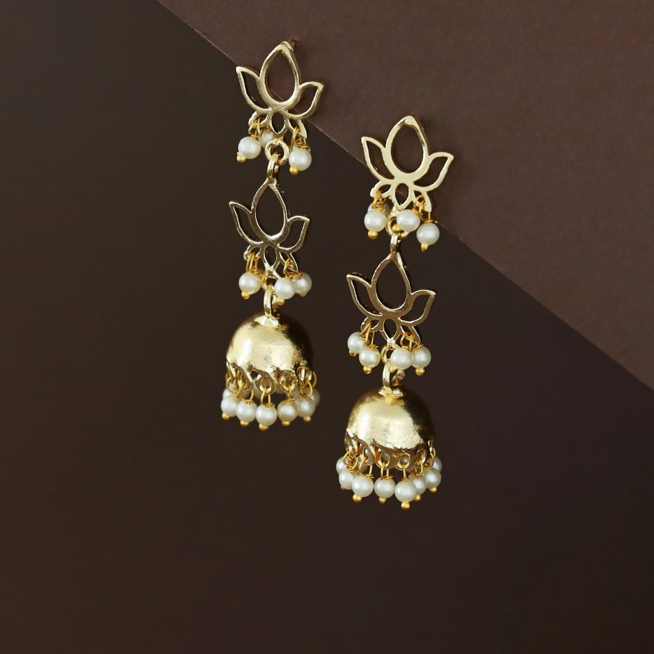 Golden 2 Layer Lotus Pearl Jhumka - Image 4