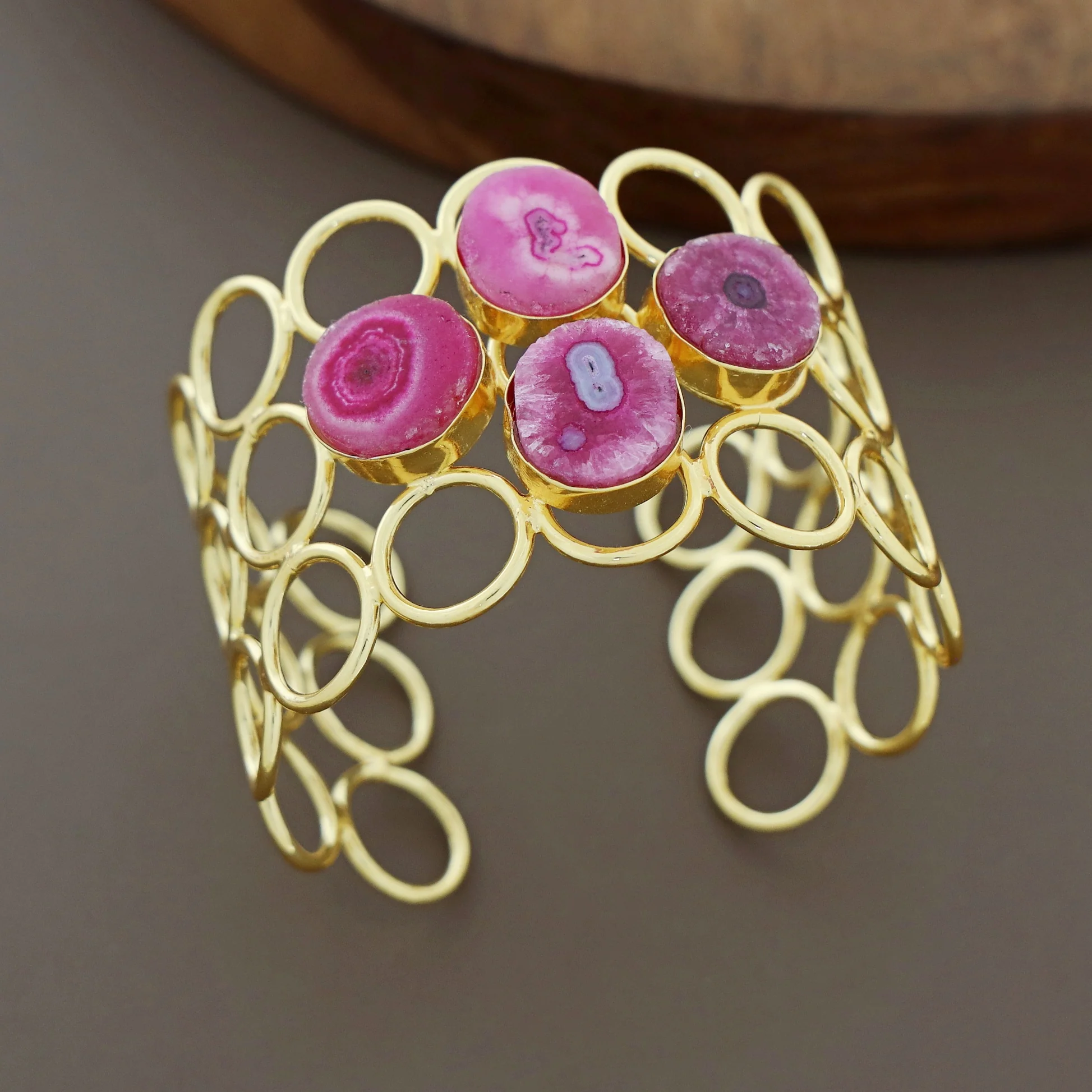 Golden 3 Layer Circle Tetra Agate Stone Bangle - Image 11