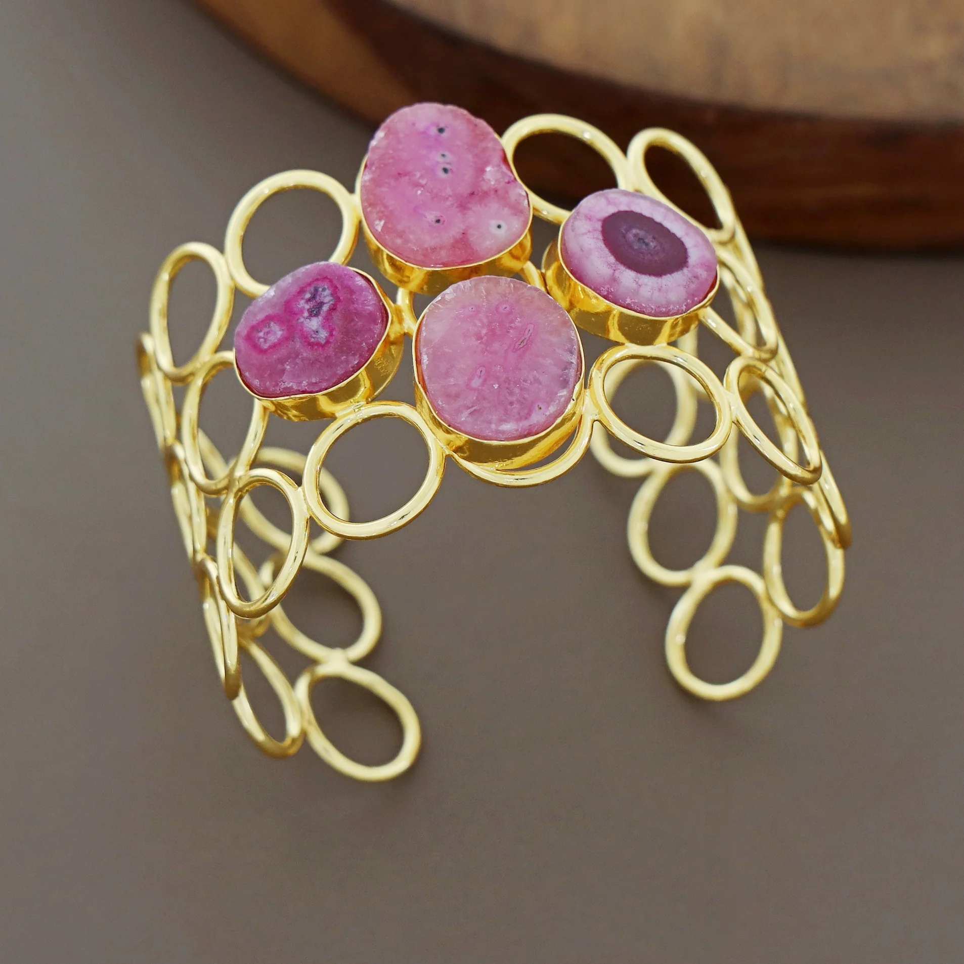 Golden 3 Layer Circle Tetra Agate Stone Bangle - Image 2