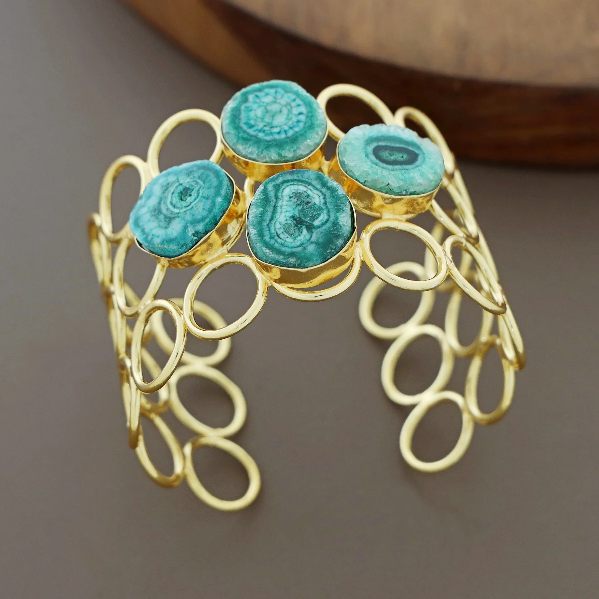 Golden 3 Layer Circle Tetra Agate Stone Bangle - Image 3