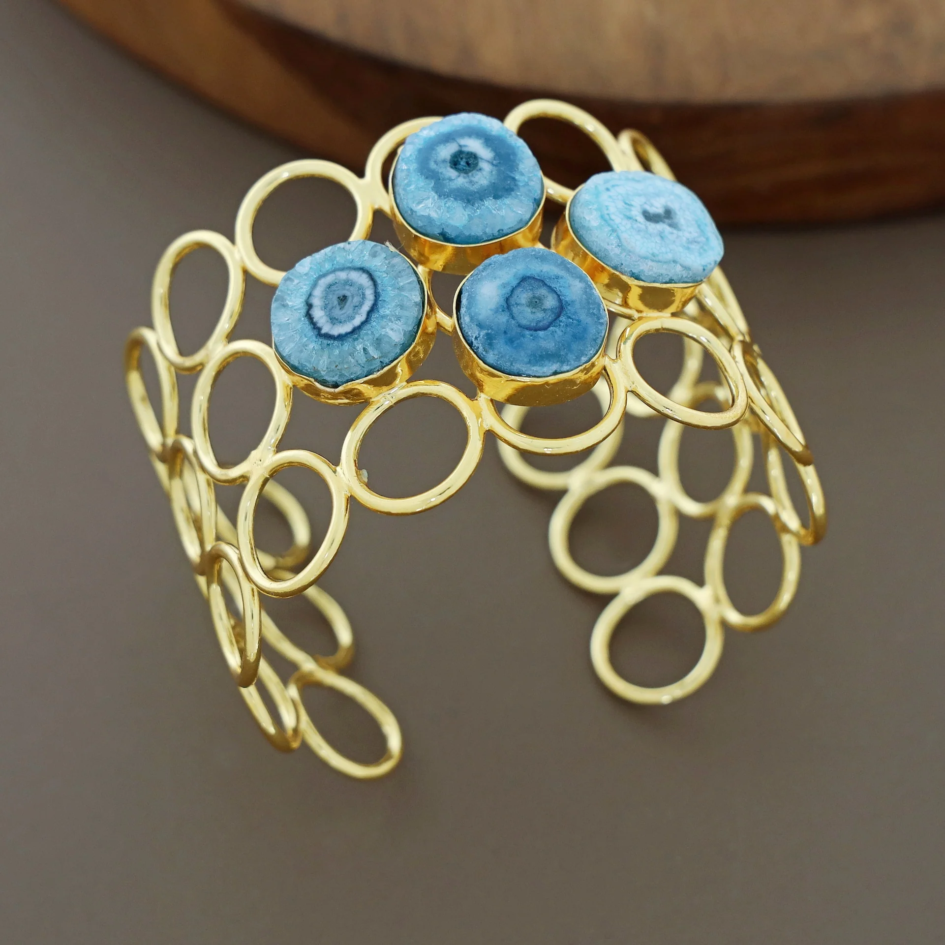 Golden 3 Layer Circle Tetra Agate Stone Bangle - Image 4