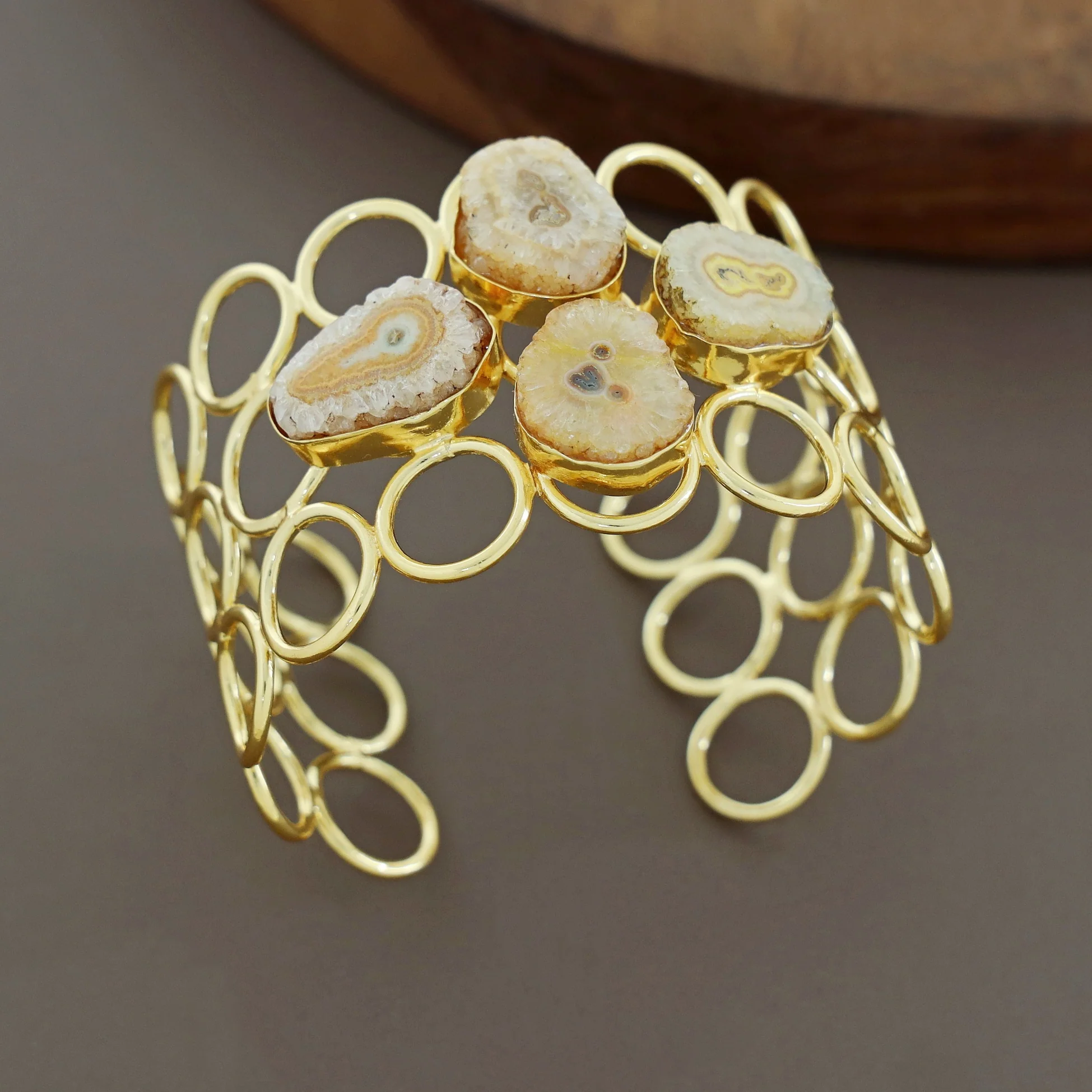 Golden 3 Layer Circle Tetra Agate Stone Bangle - Image 5