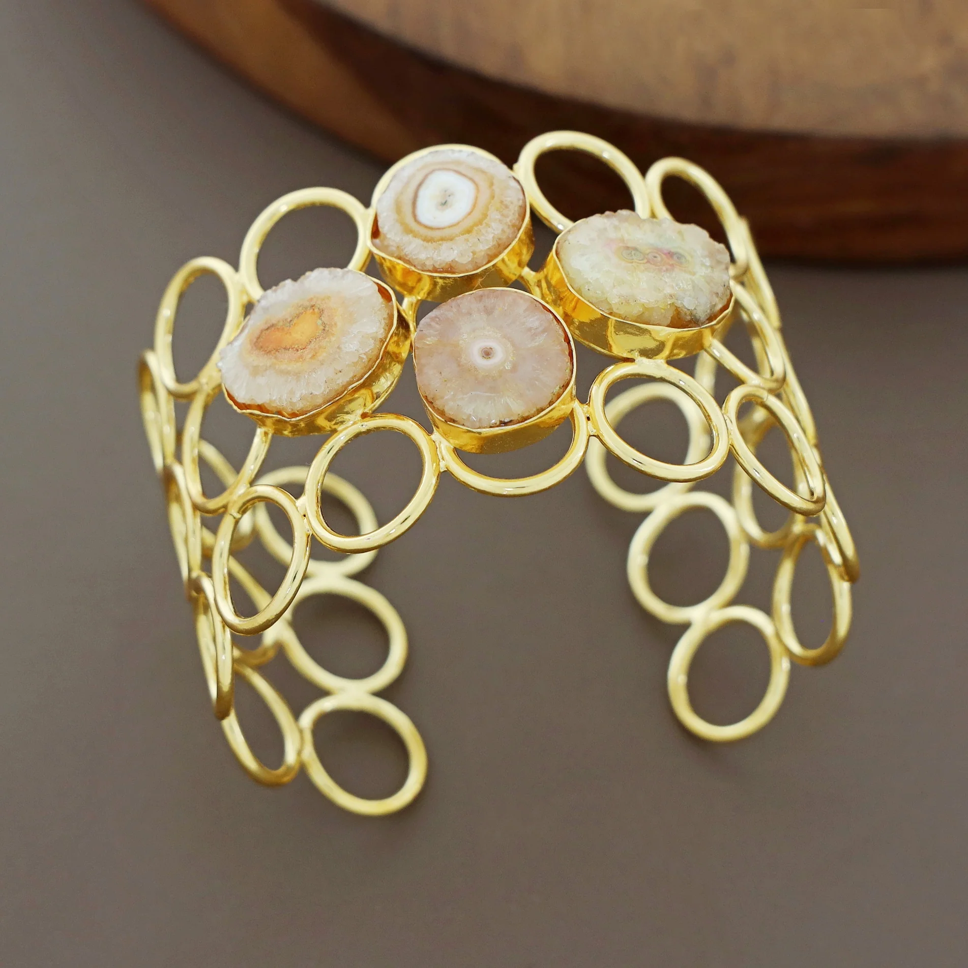 Golden 3 Layer Circle Tetra Agate Stone Bangle - Image 7