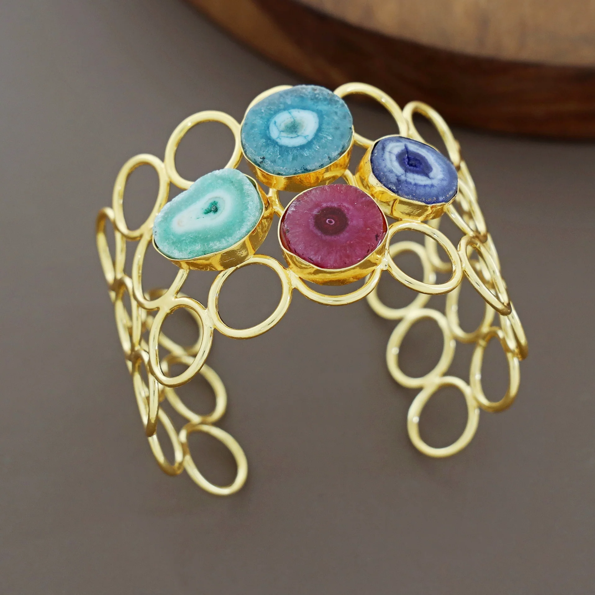Golden 3 Layer Circle Tetra Agate Stone Bangle - Image 8