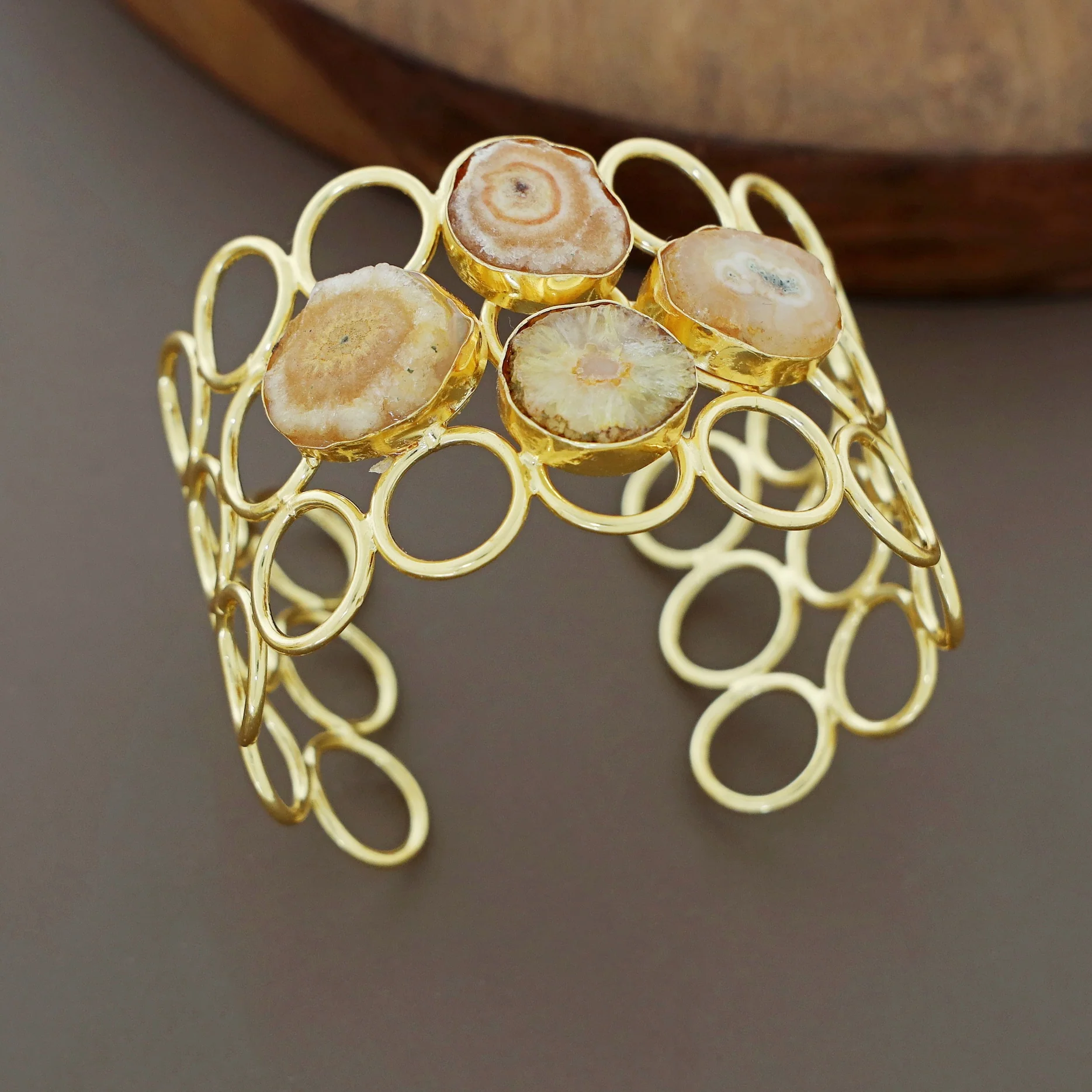 Golden 3 Layer Circle Tetra Agate Stone Bangle - Image 9