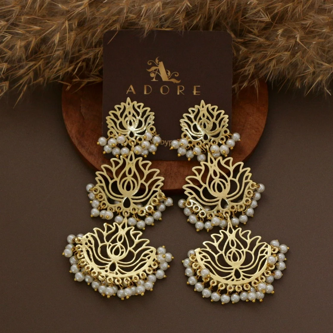 Golden 3 Layer Lotus Cluster Pearl Earring - Image 3