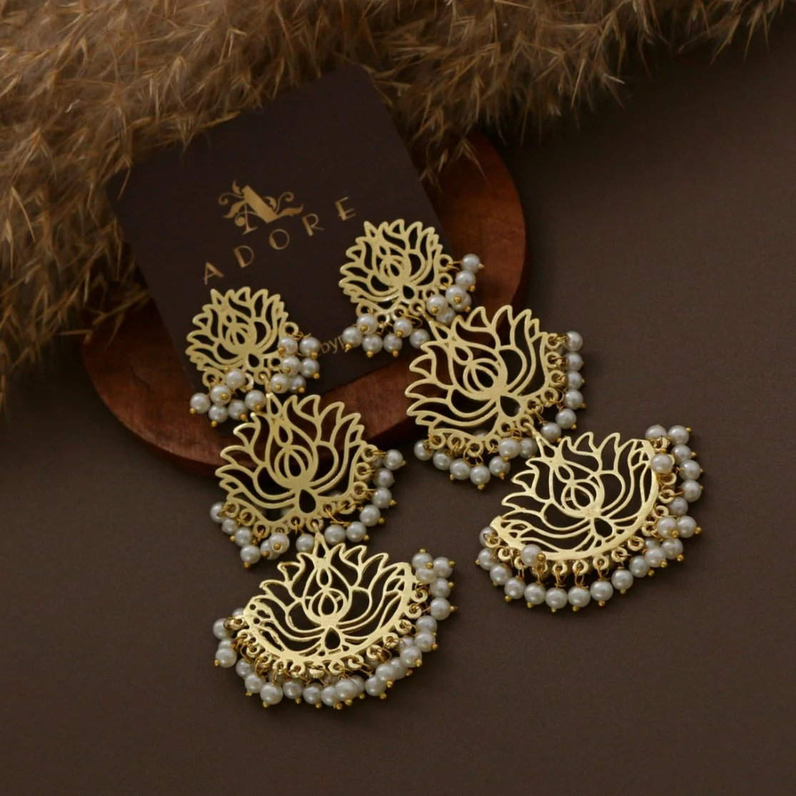 Golden 3 Layer Lotus Cluster Pearl Earring - Image 4