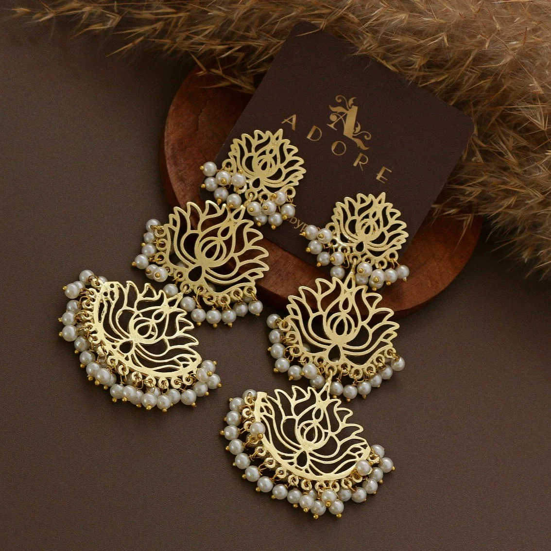 Golden 3 Layer Lotus Cluster Pearl Earring - Image 5