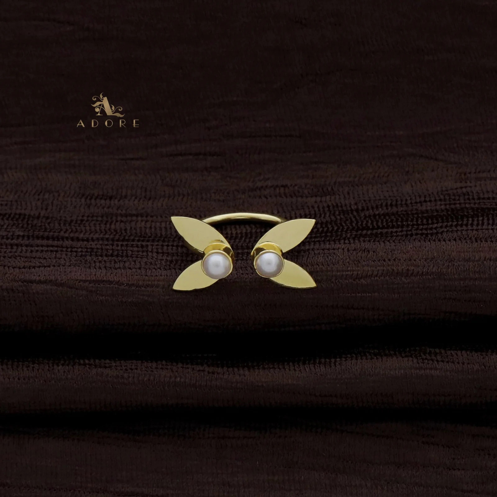 Golden 4 Petal Dual Pearl Ring - Image 2