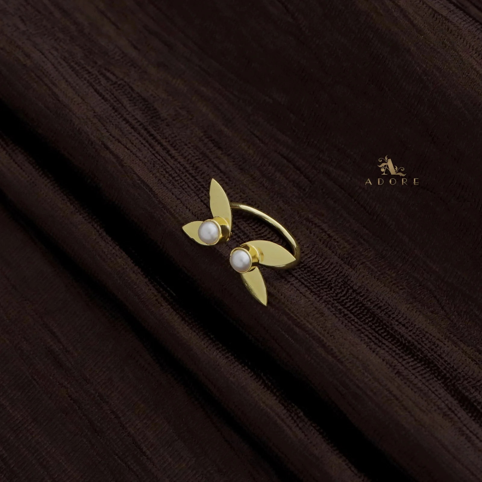 Golden 4 Petal Dual Pearl Ring - Image 3