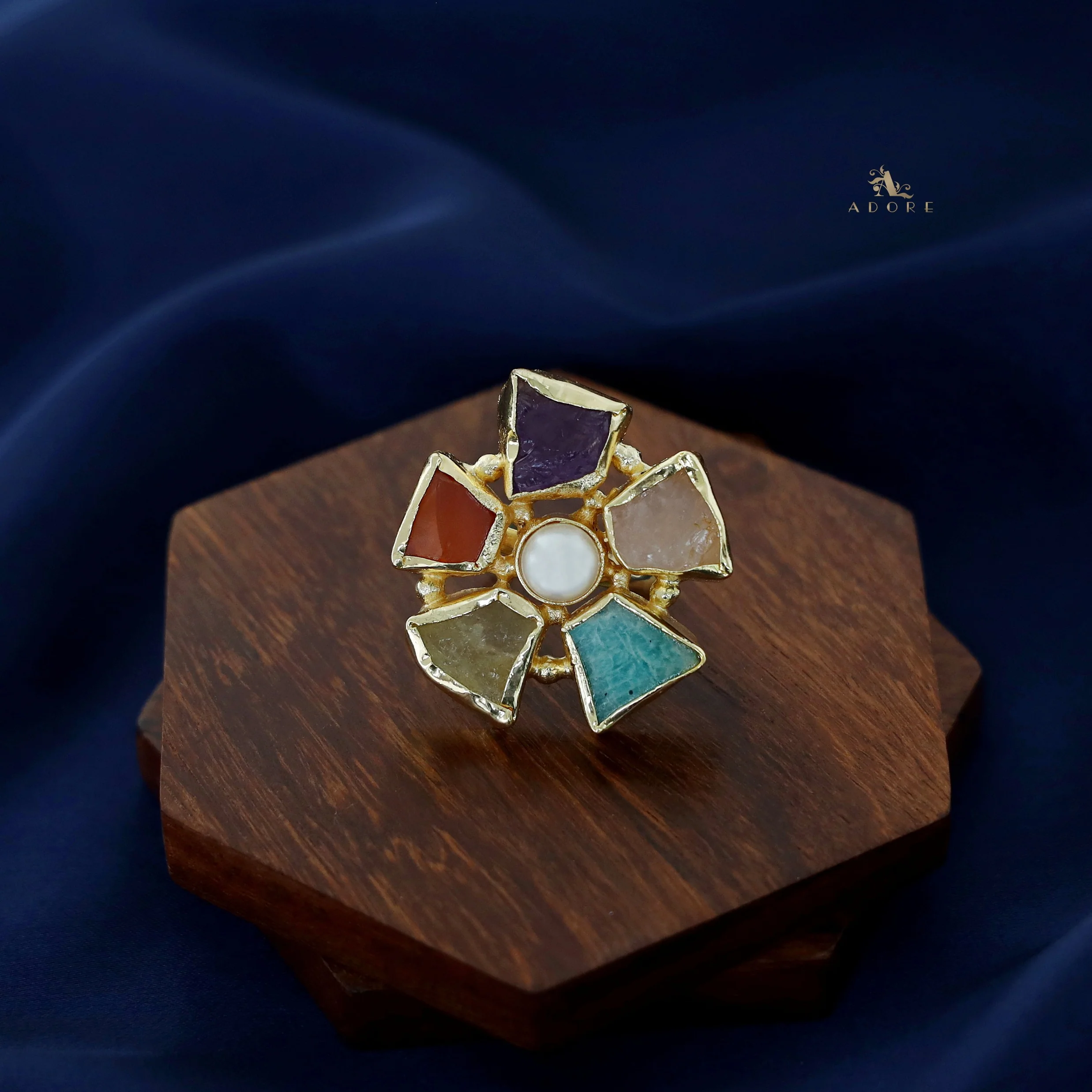 Golden 5 Raw Stone Pearl Ring - Image 2