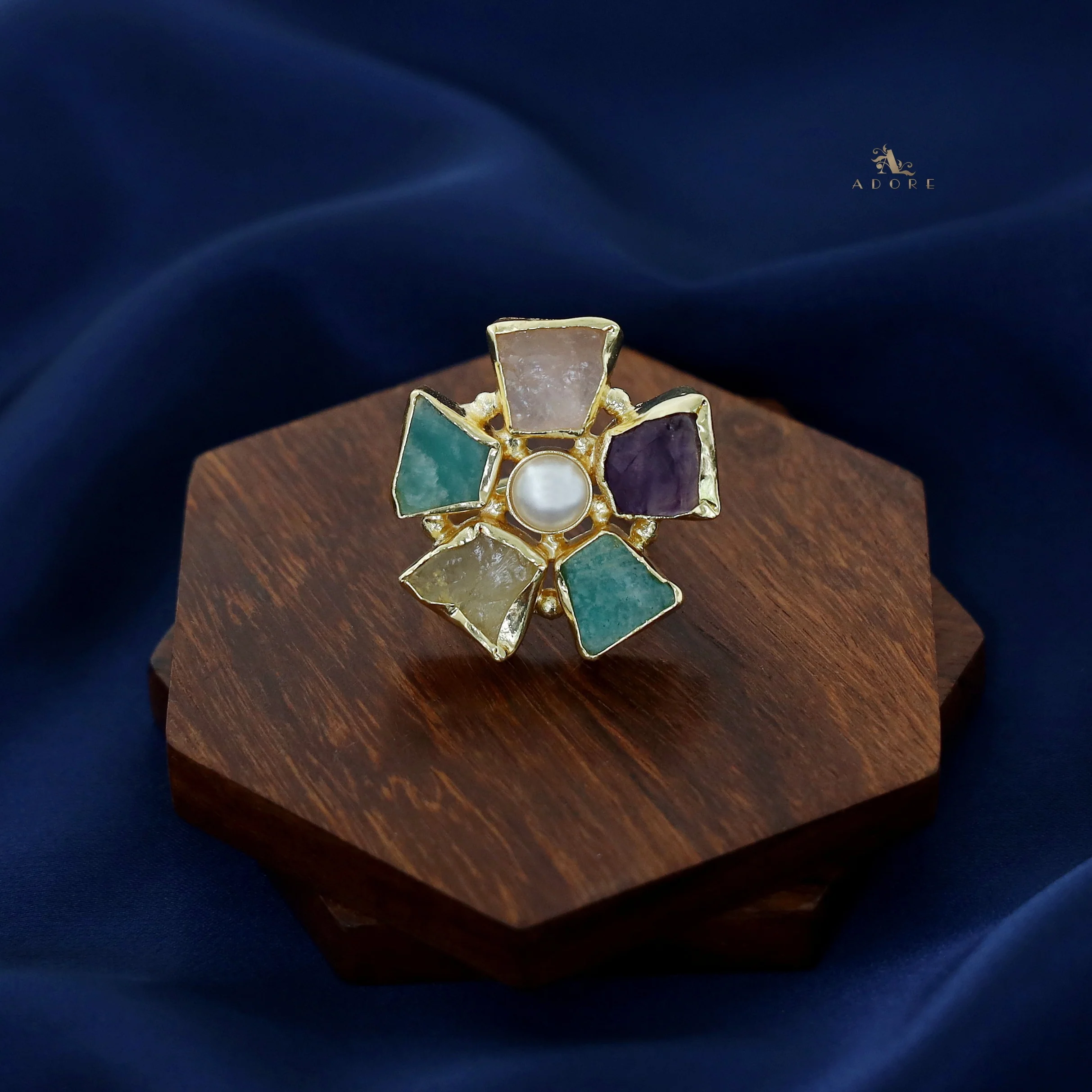 Golden 5 Raw Stone Pearl Ring - Image 3