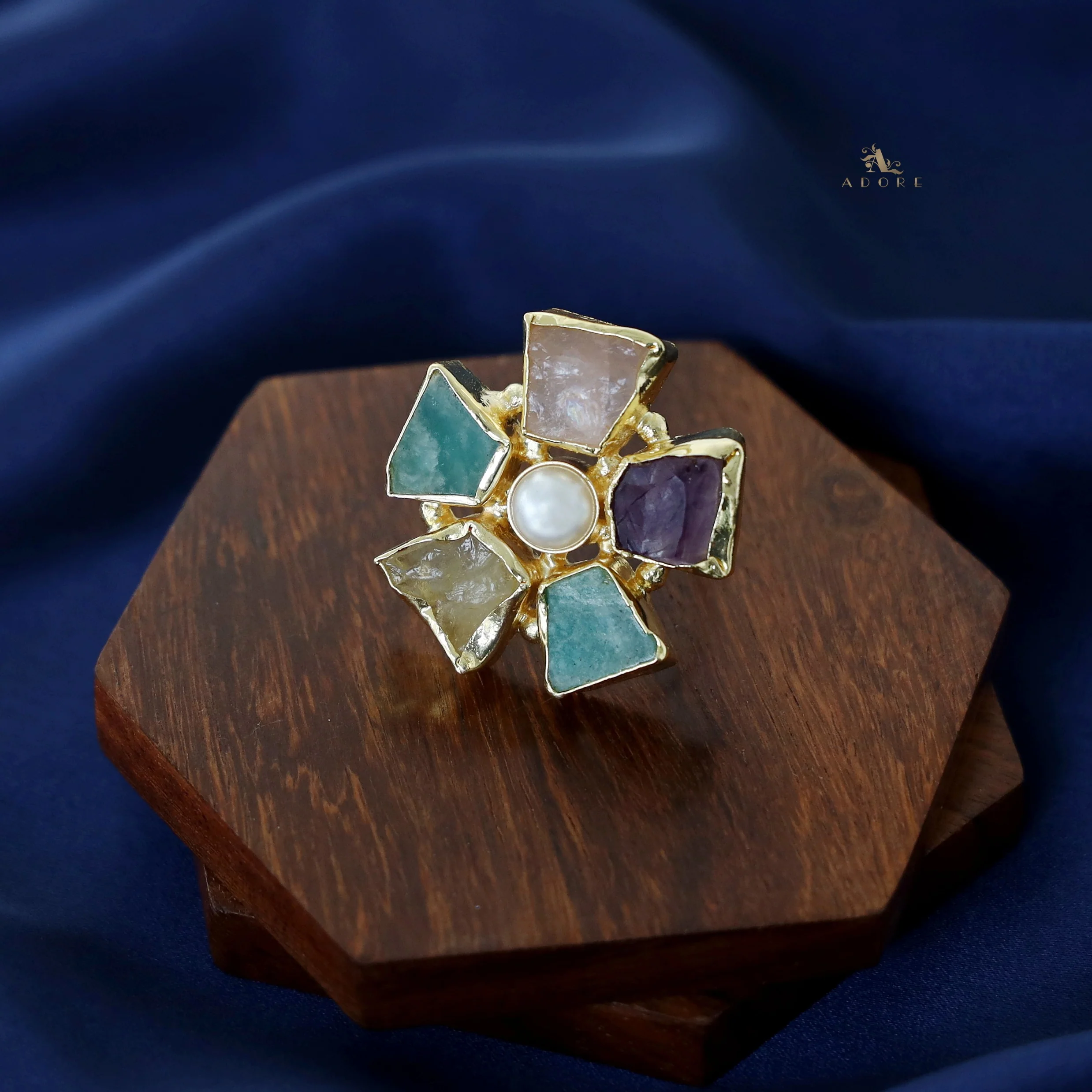 Golden 5 Raw Stone Pearl Ring - Image 4