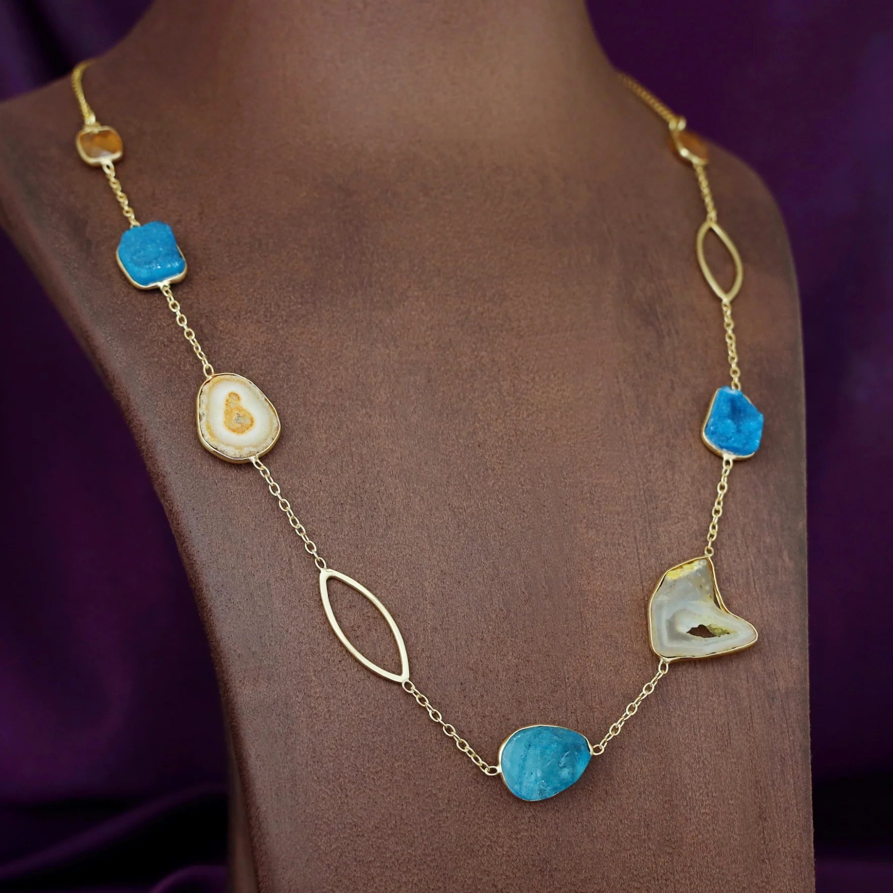 Saira Golden Agate + Dyed Druzy Glossy Stone Neckpiece - Image 10