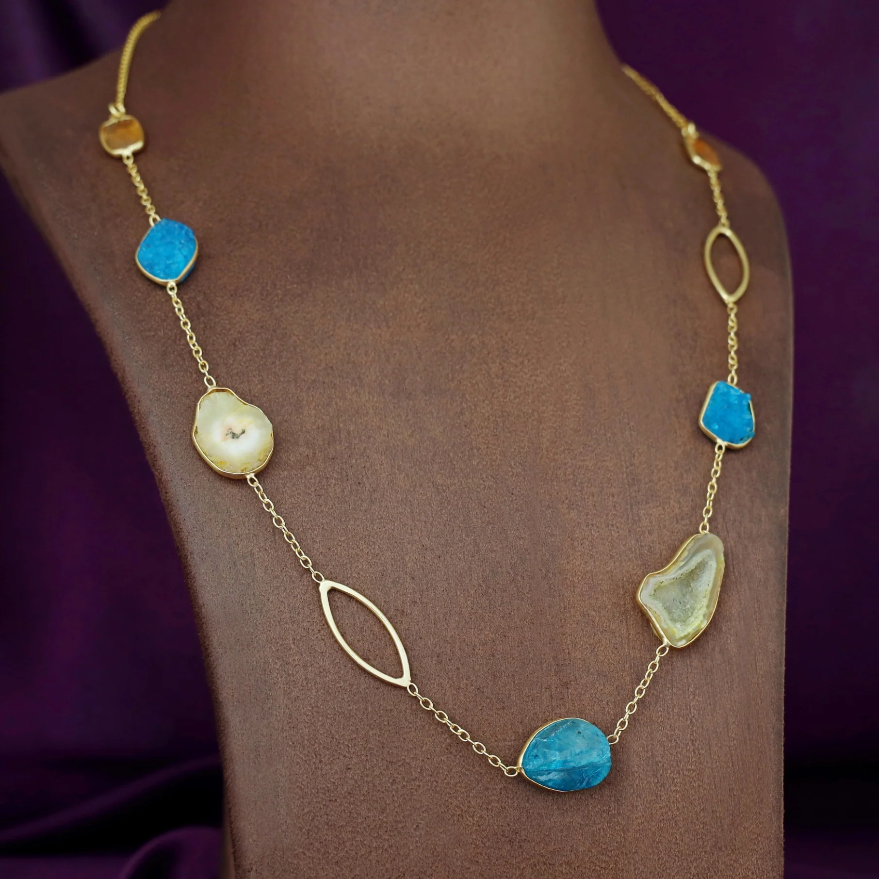 Saira Golden Agate + Dyed Druzy Glossy Stone Neckpiece - Image 11