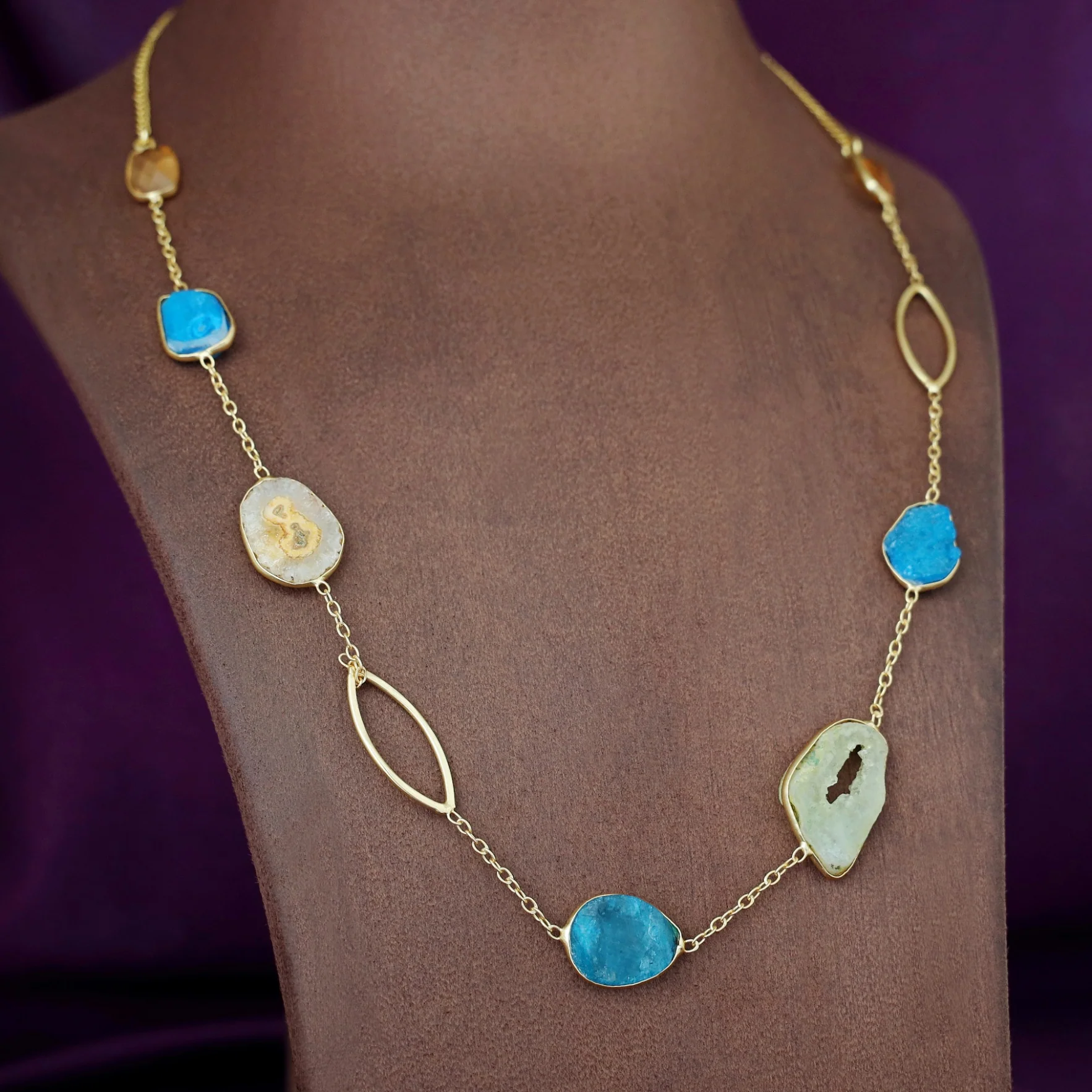Saira Golden Agate + Dyed Druzy Glossy Stone Neckpiece - Image 12