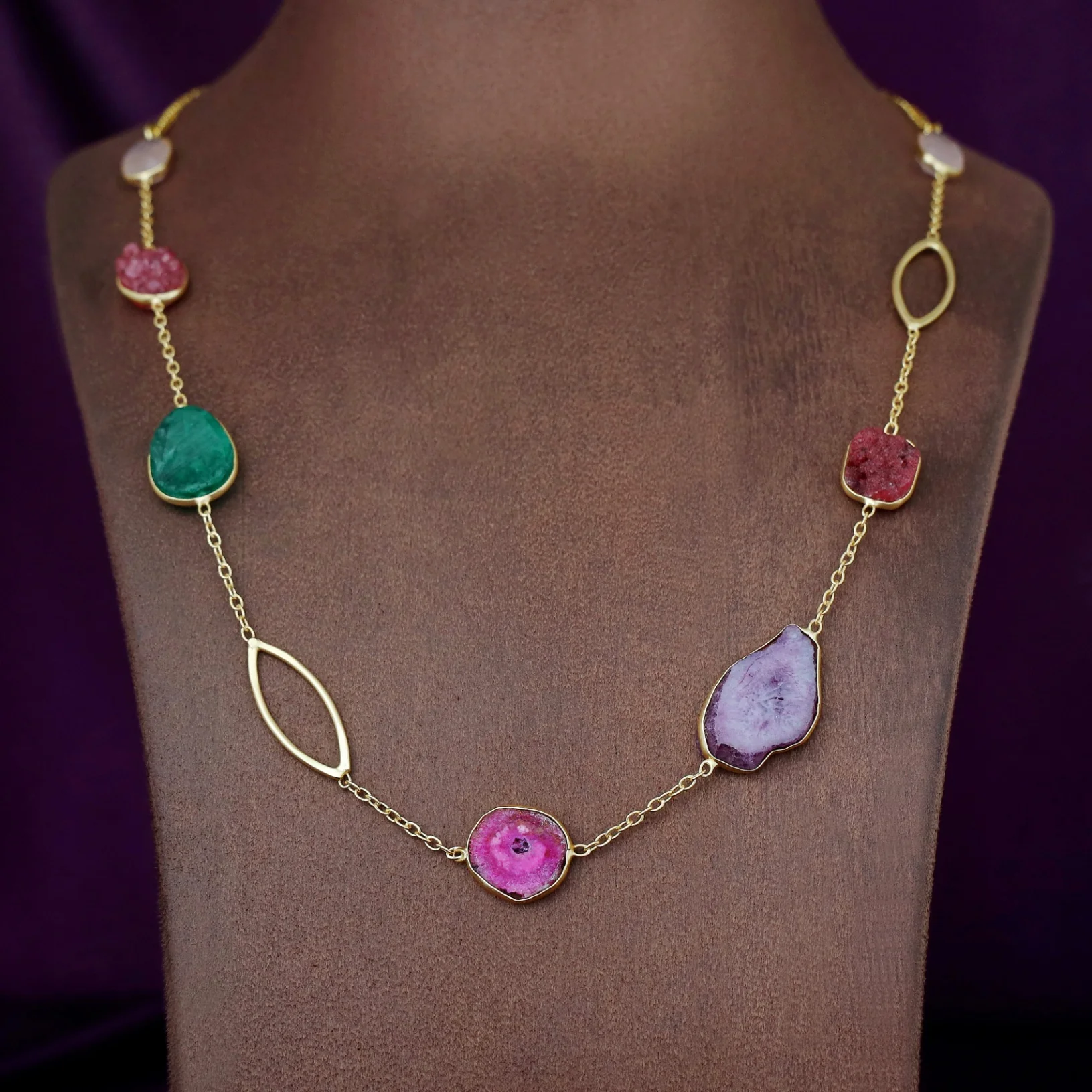 Saira Golden Agate + Dyed Druzy Glossy Stone Neckpiece - Image 2