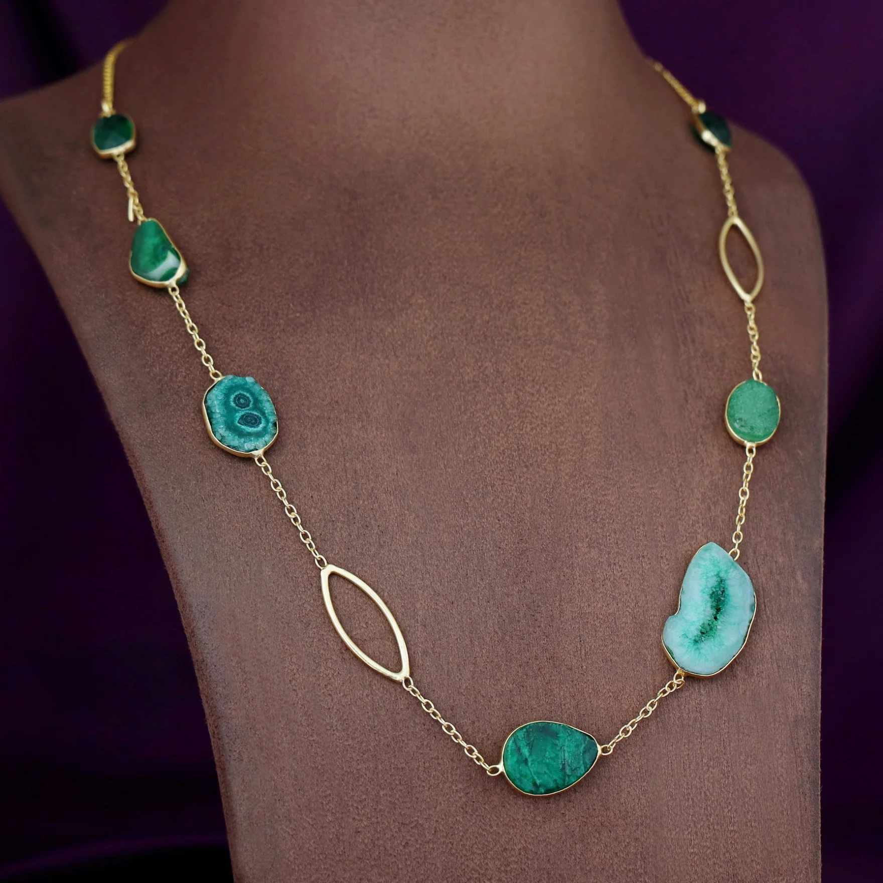 Saira Golden Agate + Dyed Druzy Glossy Stone Neckpiece - Image 3