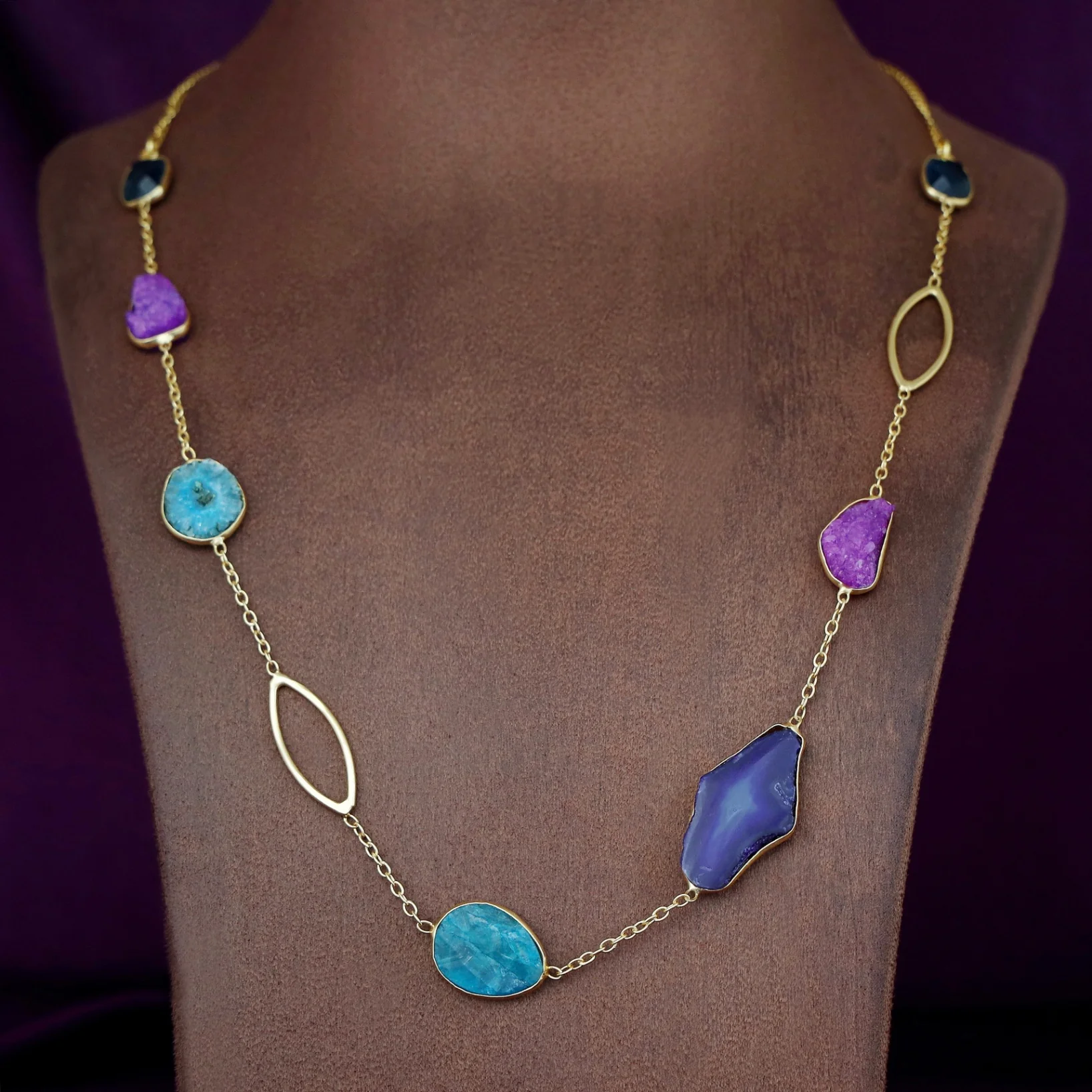 Saira Golden Agate + Dyed Druzy Glossy Stone Neckpiece - Image 4