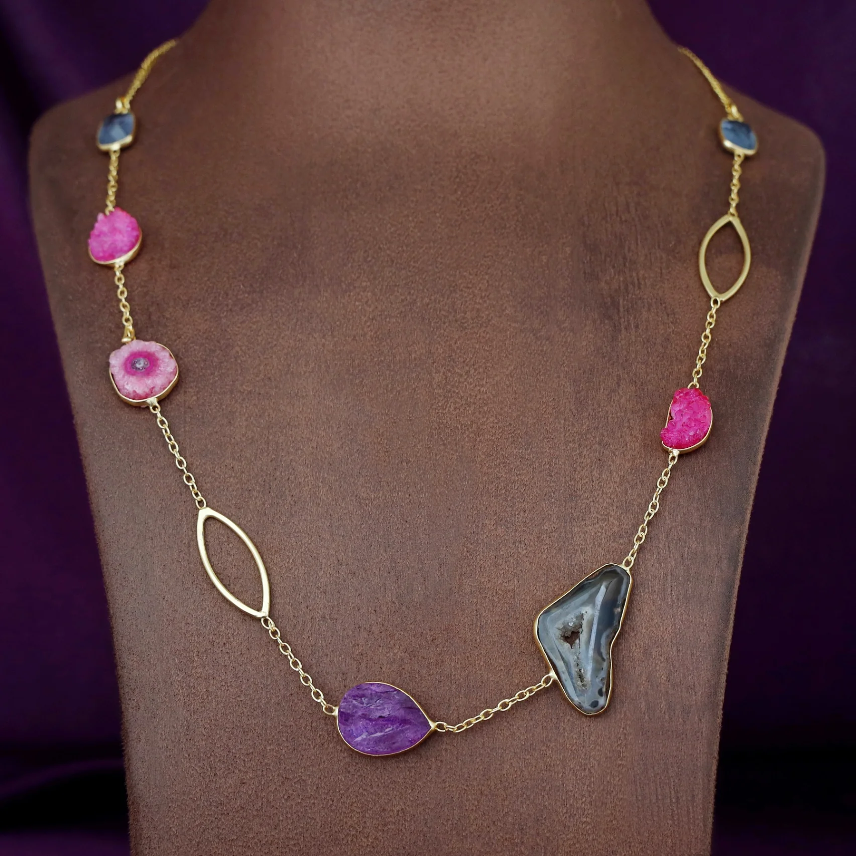 Saira Golden Agate + Dyed Druzy Glossy Stone Neckpiece - Image 6
