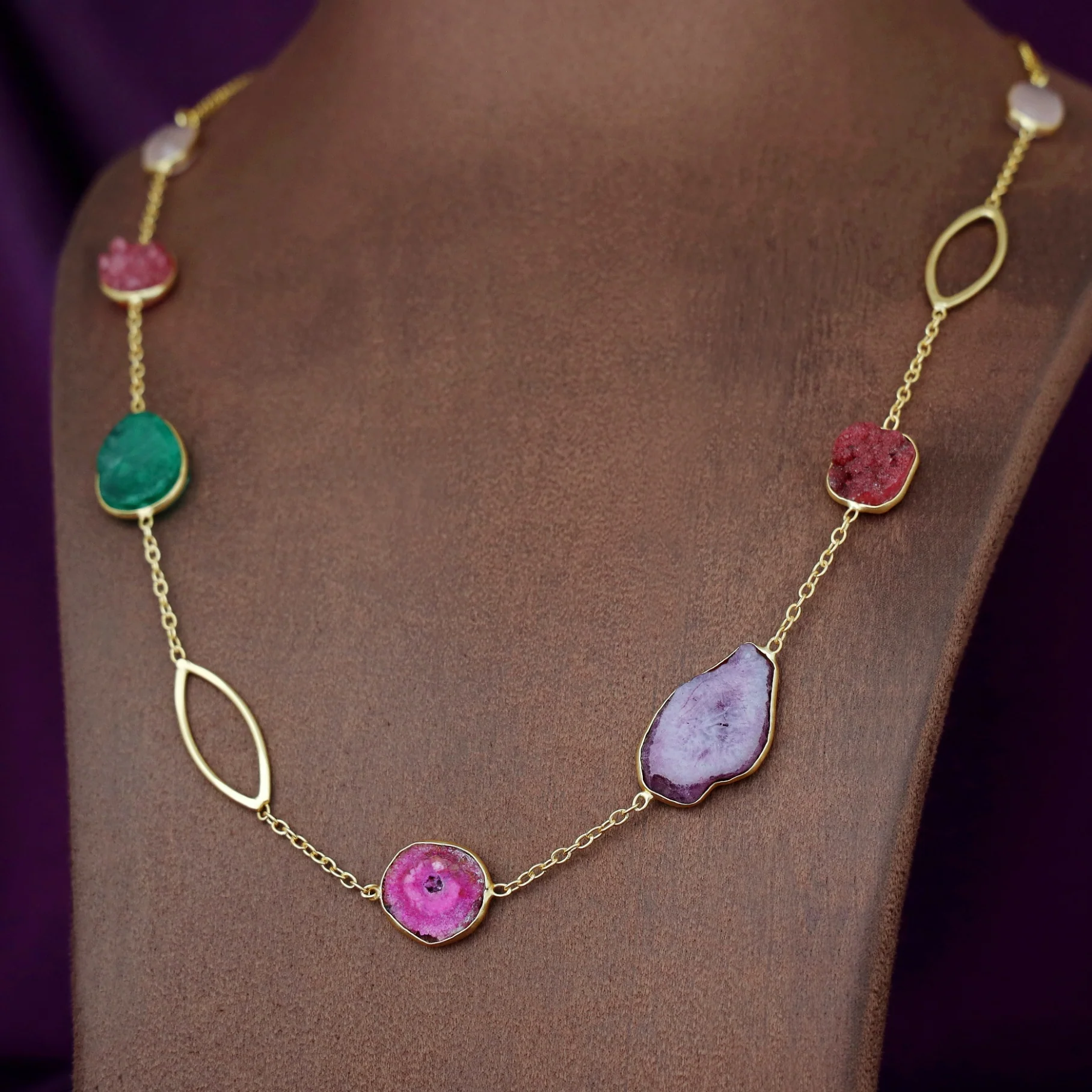 Saira Golden Agate + Dyed Druzy Glossy Stone Neckpiece - Image 9