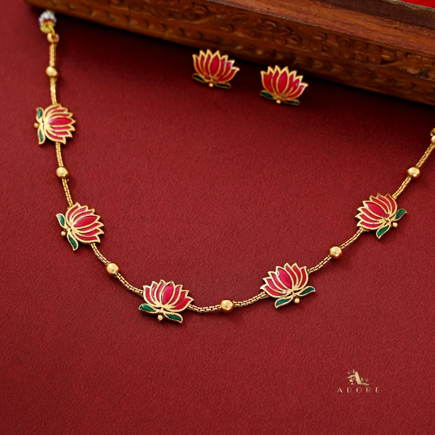 Golden Ball Advaita Enamel Lotus Short Neckpiece / Choker With Earring - Image 10