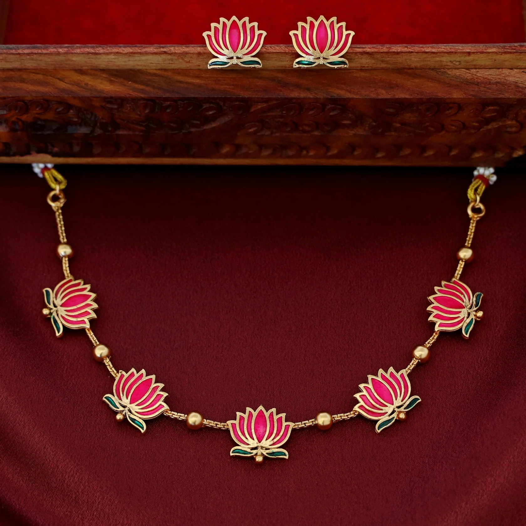 Golden Ball Advaita Enamel Lotus Short Neckpiece / Choker With Earring - Image 11