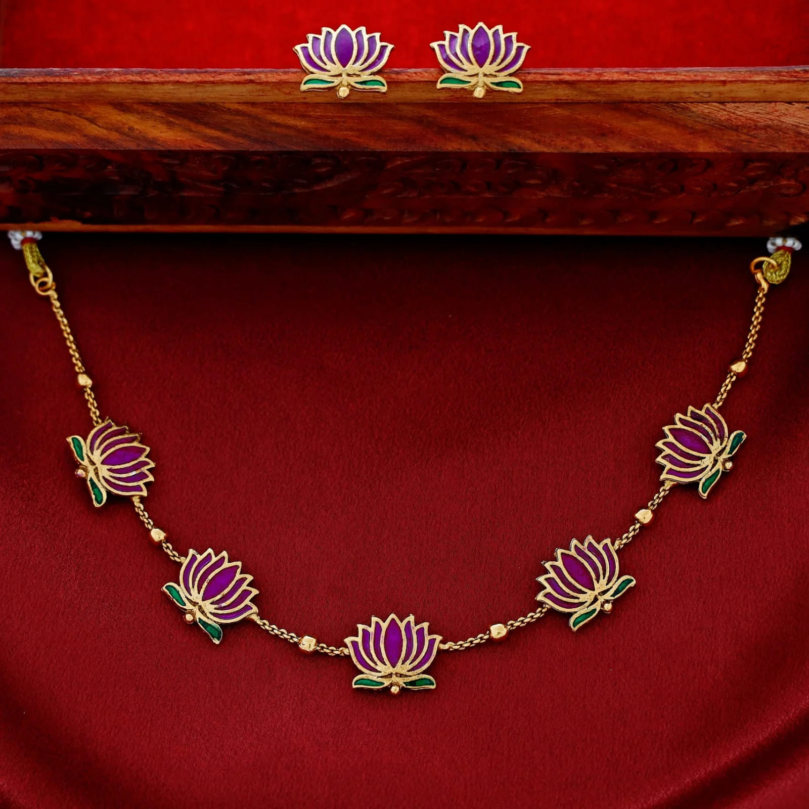 Golden Ball Advaita Enamel Lotus Short Neckpiece / Choker With Earring - Image 12