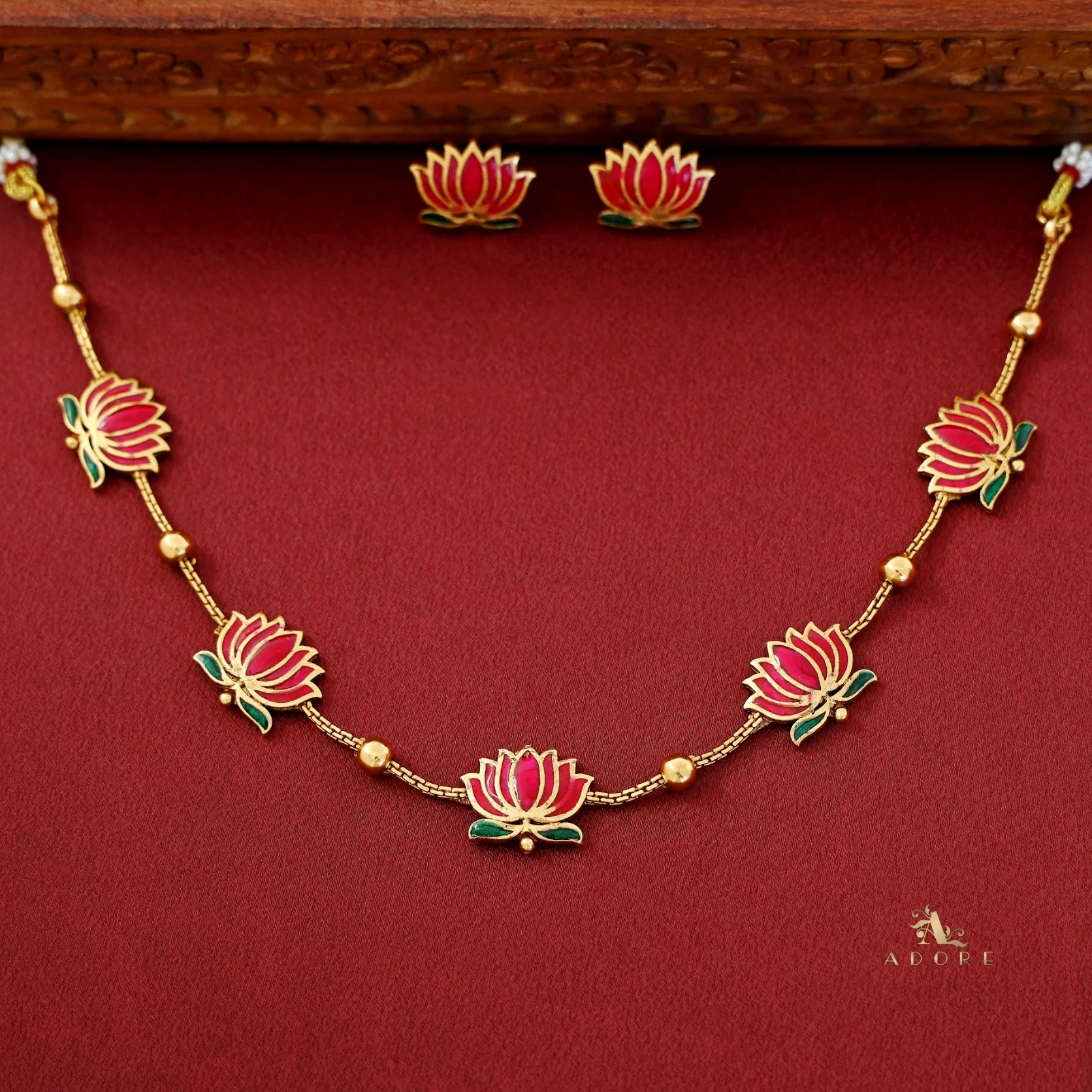 Golden Ball Advaita Enamel Lotus Short Neckpiece / Choker With Earring - Image 13
