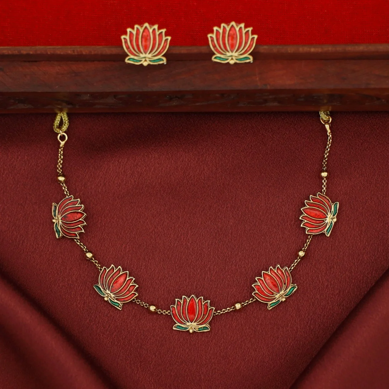 Golden Ball Advaita Enamel Lotus Short Neckpiece / Choker With Earring - Image 14