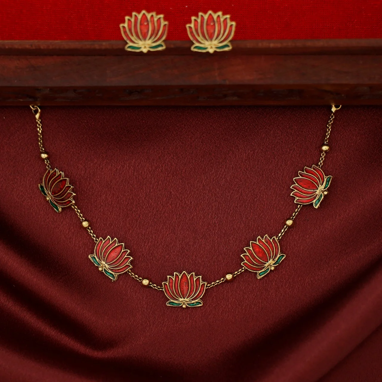 Golden Ball Advaita Enamel Lotus Short Neckpiece / Choker With Earring - Image 15