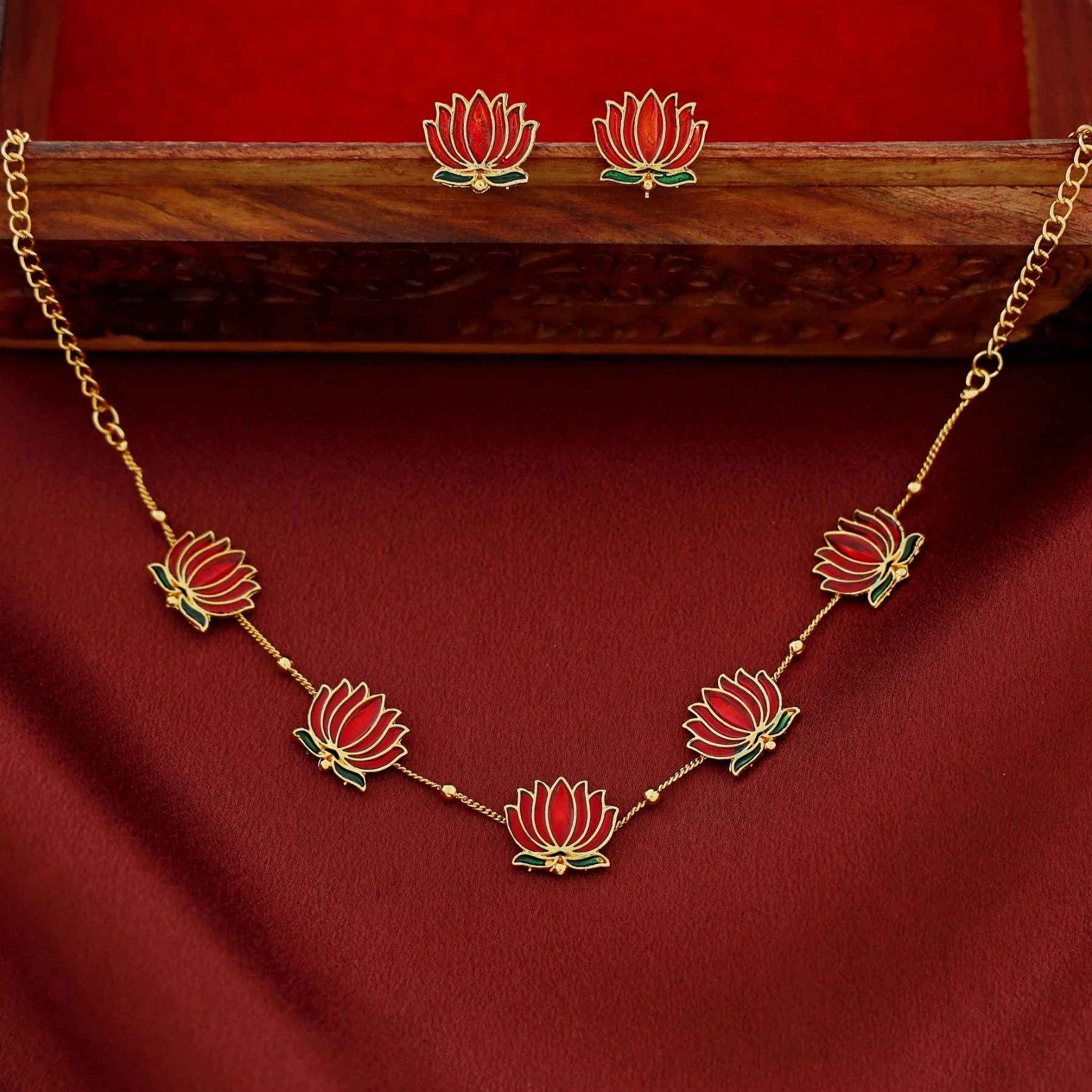 Golden Ball Advaita Enamel Lotus Short Neckpiece / Choker With Earring - Image 3