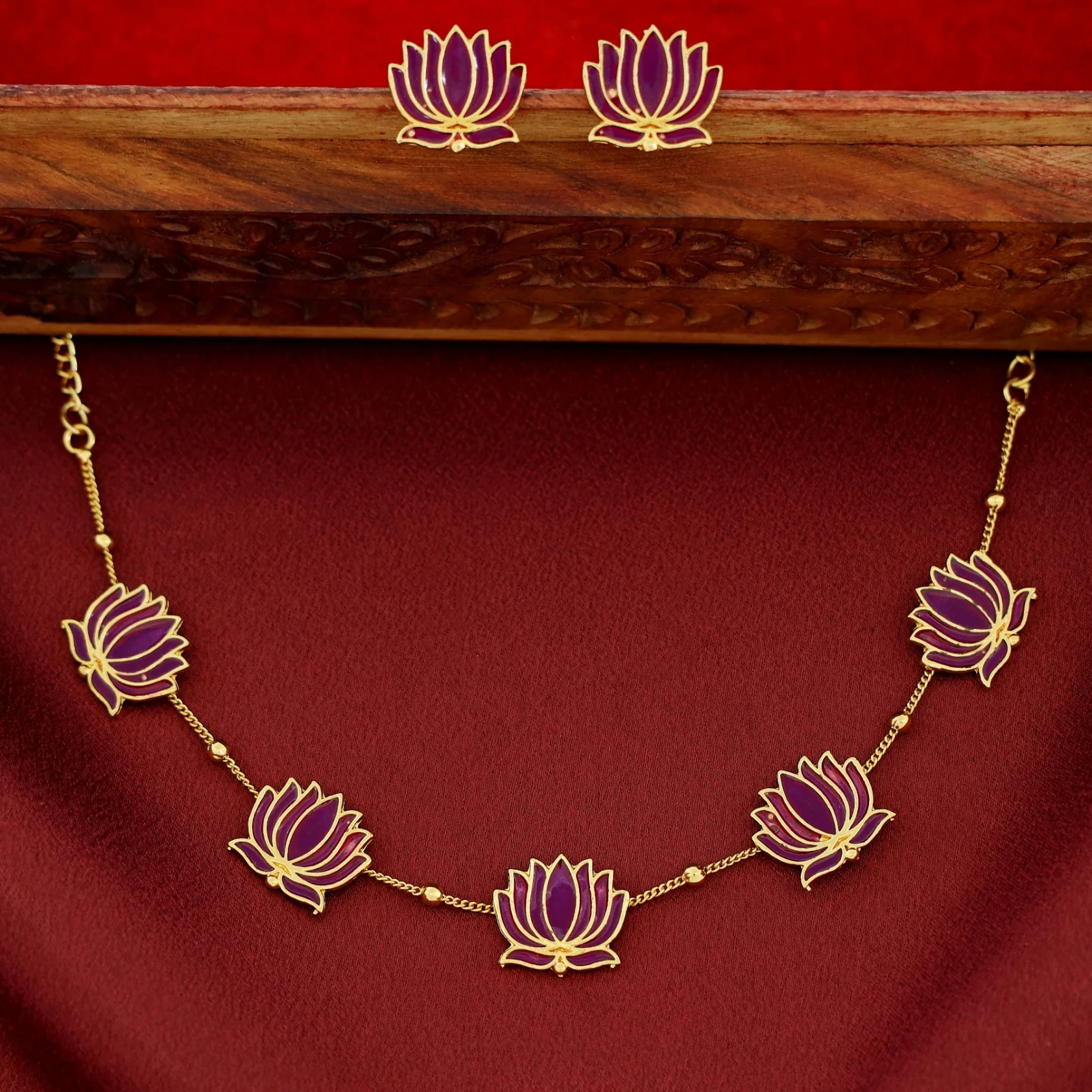 Golden Ball Advaita Enamel Lotus Short Neckpiece / Choker With Earring - Image 5