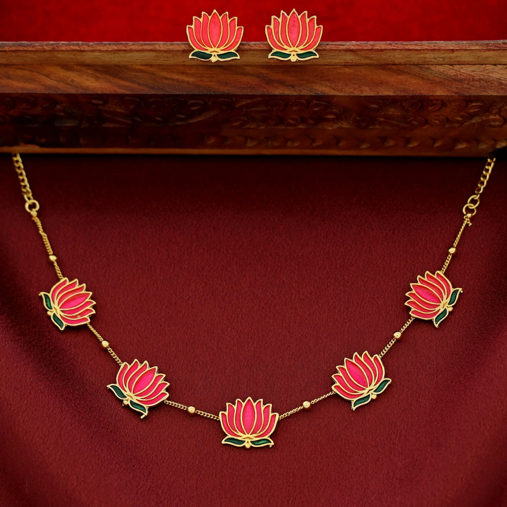 Golden Ball Advaita Enamel Lotus Short Neckpiece / Choker With Earring - Image 6