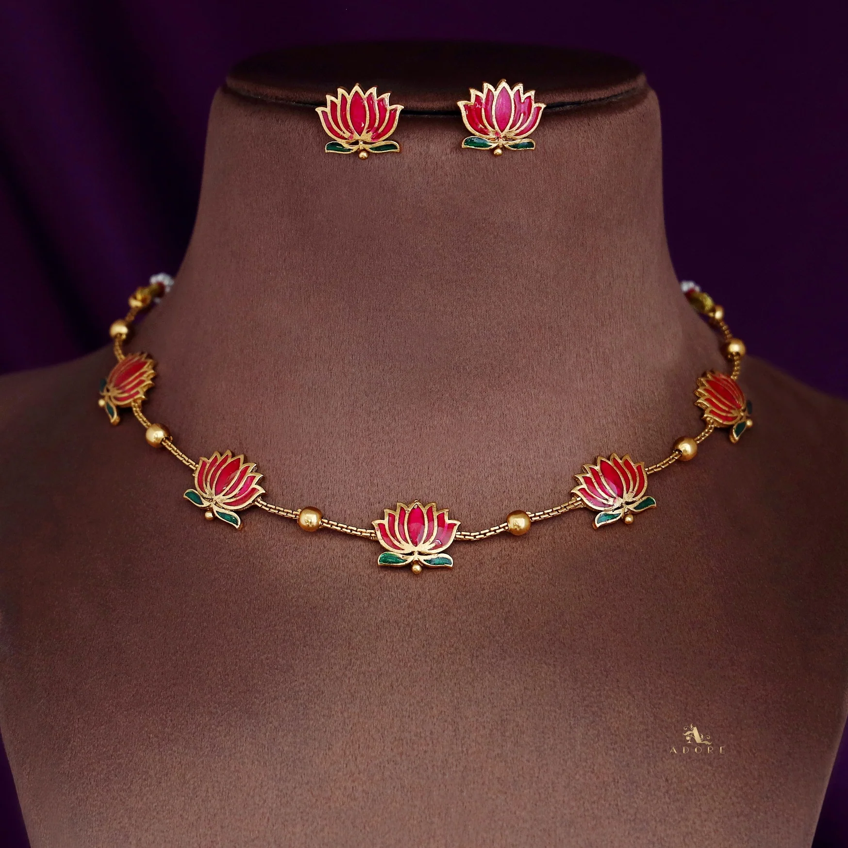 Golden Ball Advaita Enamel Lotus Short Neckpiece / Choker With Earring - Image 7
