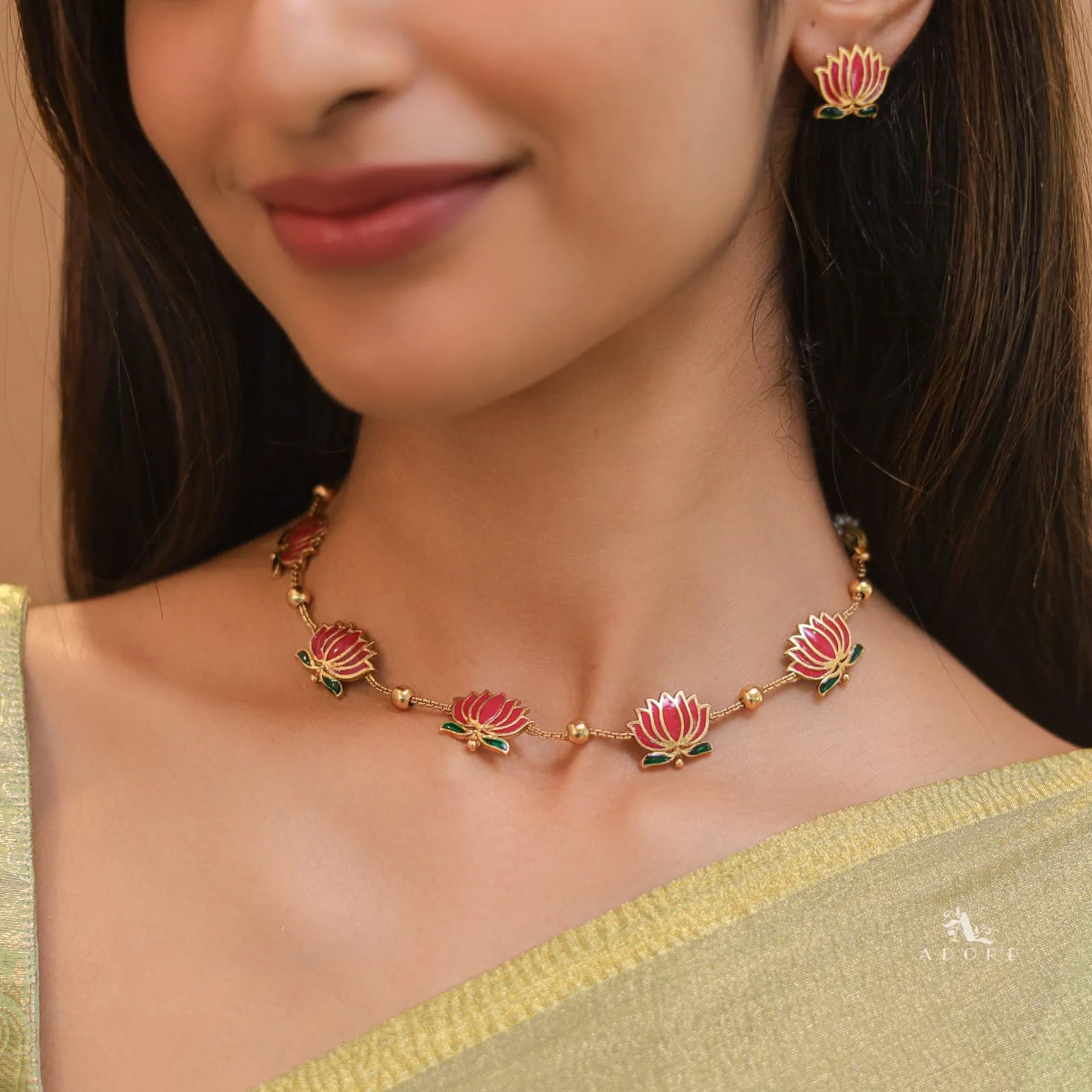 Golden Ball Advaita Enamel Lotus Short Neckpiece / Choker With Earring - Image 8