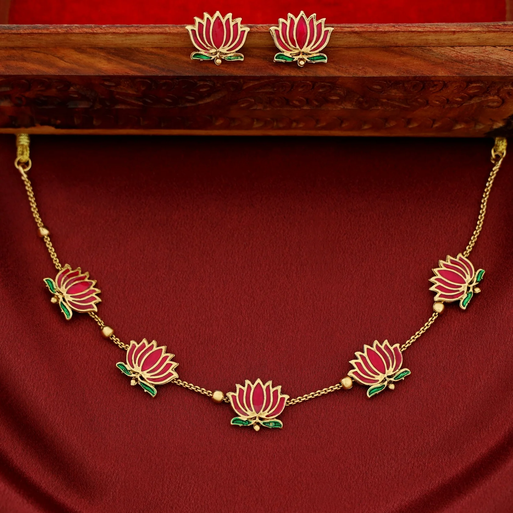 Golden Ball Advaita Enamel Lotus Short Neckpiece / Choker With Earring - Image 9