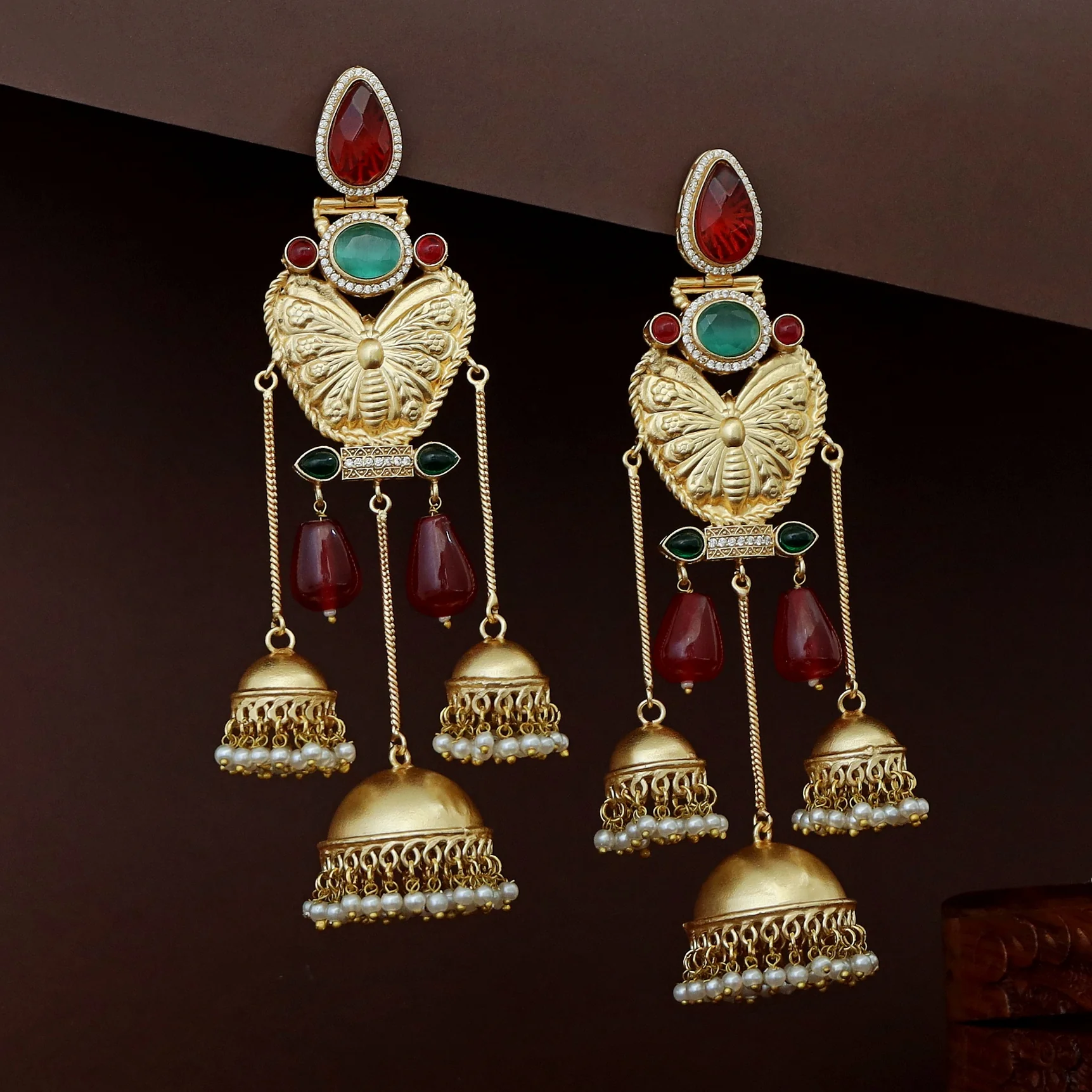 Aaditri Golden Butterfly 3 Hanging Jhumka Kashmiri Earring - Image 3
