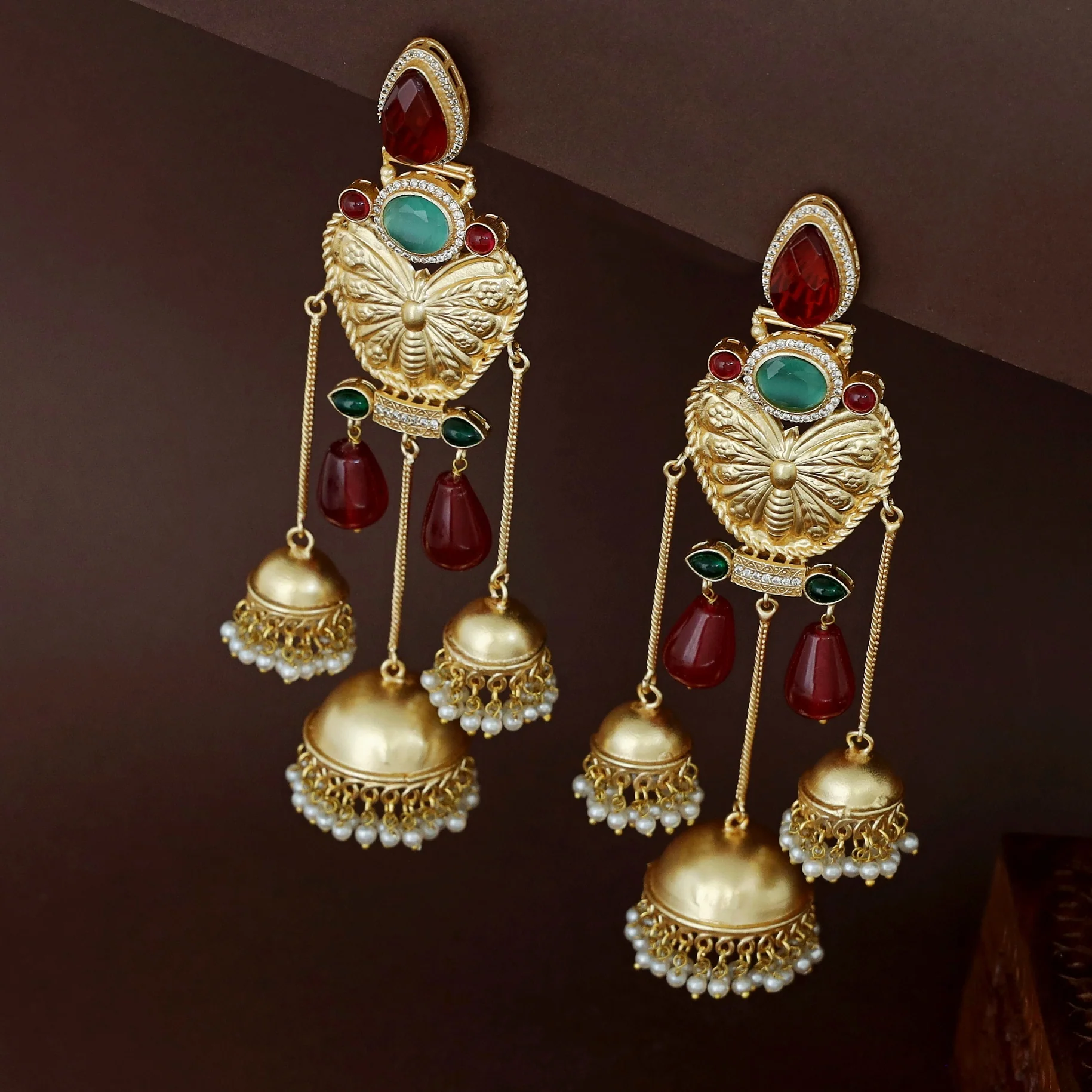 Aaditri Golden Butterfly 3 Hanging Jhumka Kashmiri Earring - Image 4