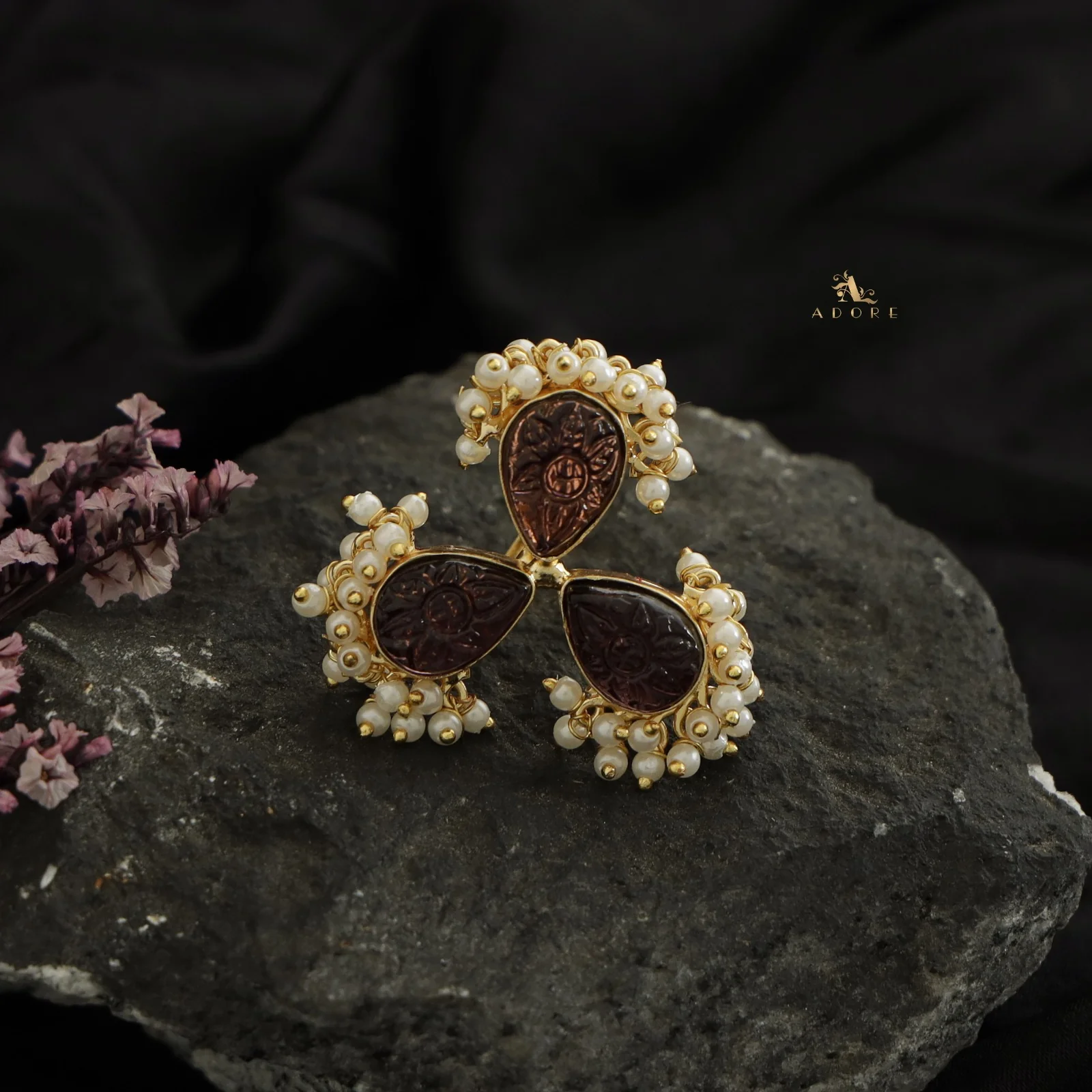 Golden Carved 3 Petal Cluster Pearl Ring - Image 3