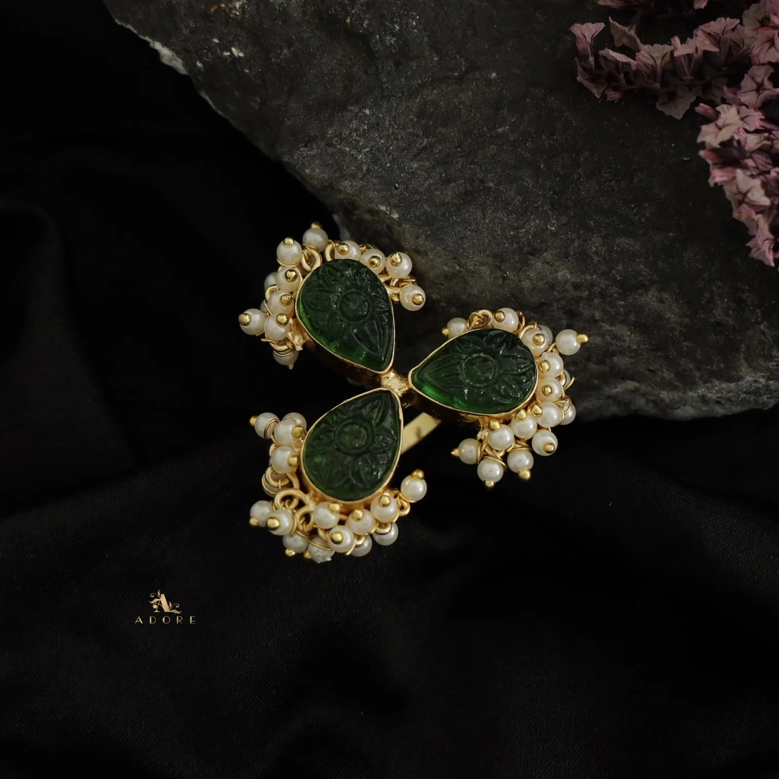 Golden Carved 3 Petal Cluster Pearl Ring - Image 4